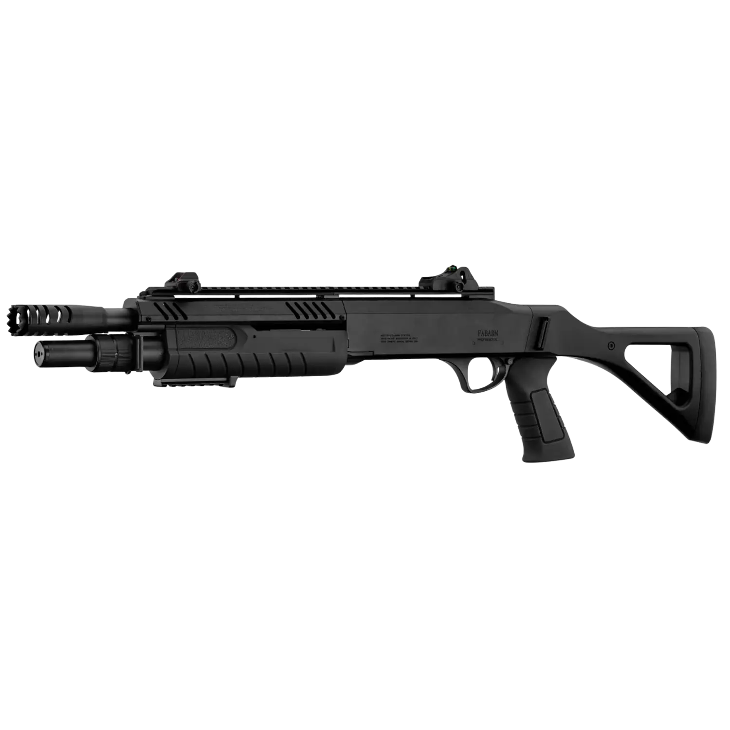 Schwarze kompakte Shotgun mit kurzem Lauf, Pistolengriff, Modell STF12, nach links zeigend.