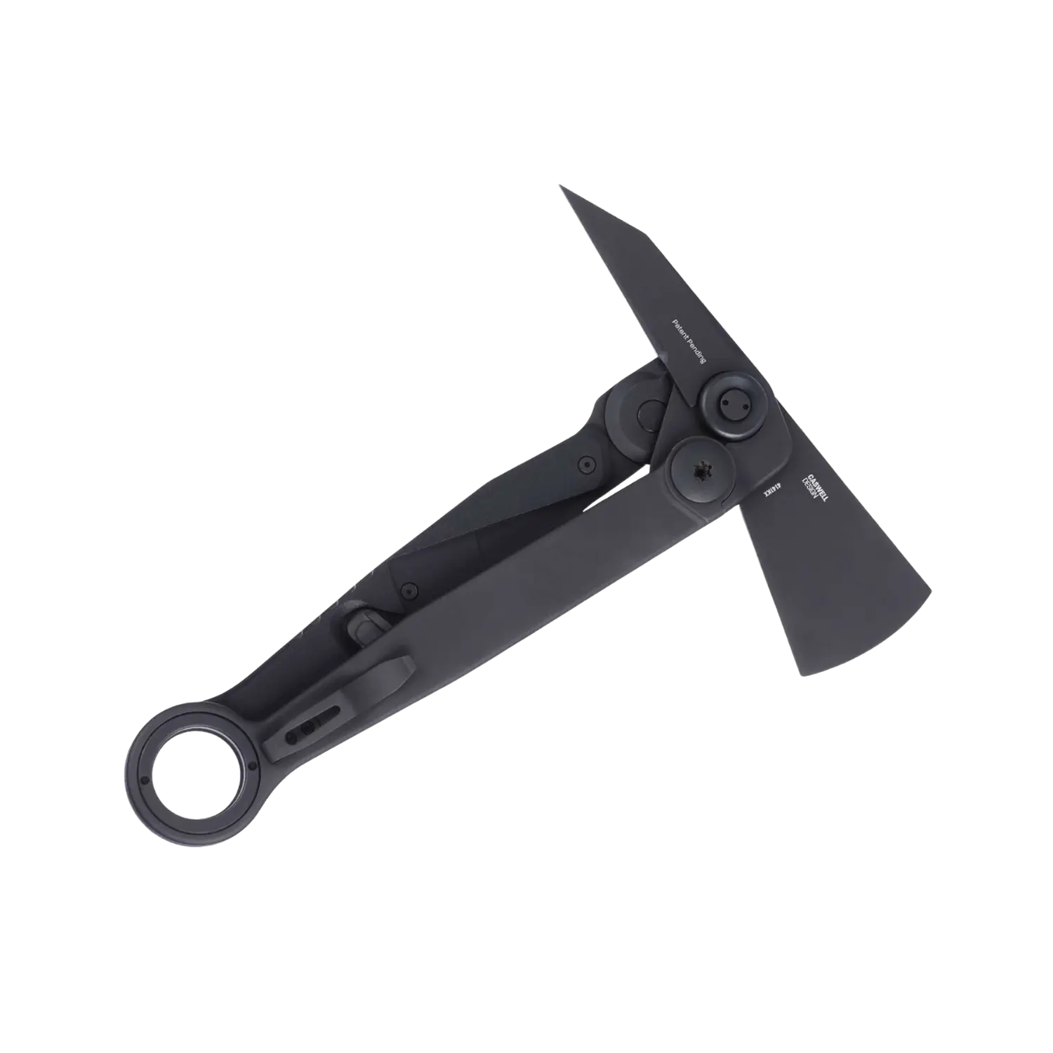 Klappbare Axt mit spitzem und flachem Kopf, schwarzes Design, runder Griffabschluss mit Loch und sichtbaren Schrauben am Gelenk