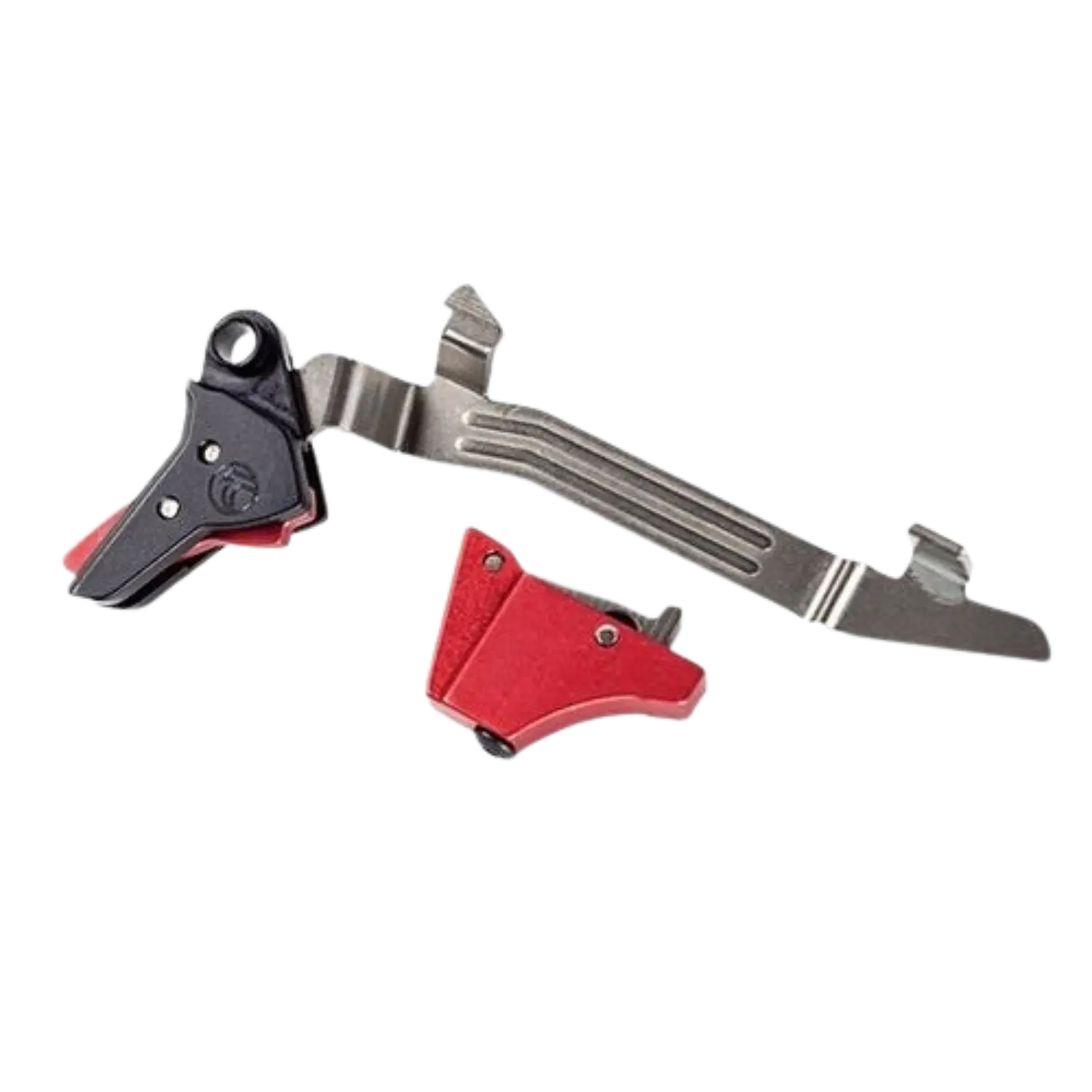 Metallischer Bügel mit zwei roten und schwarzen Kunststoffteilen, vermutlich mechanische Bauteile mit Schrauben und Aussparungen.