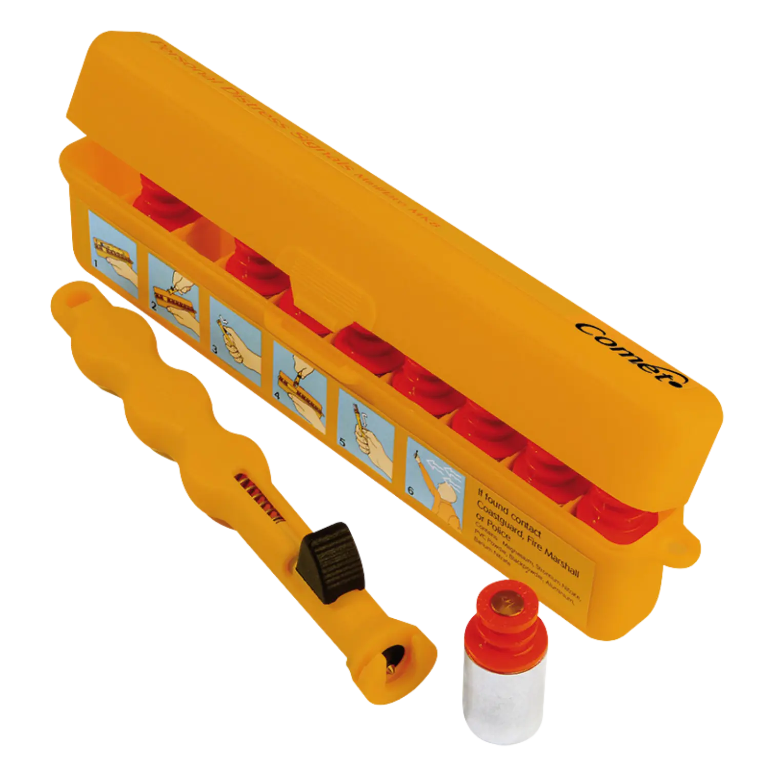 Gelbes Comet Signalgeber Personal mit mehreren roten Signalgebern, einem gelben Halter und einem einzelnen roten Signalgeber mit silbernen Unterteil.