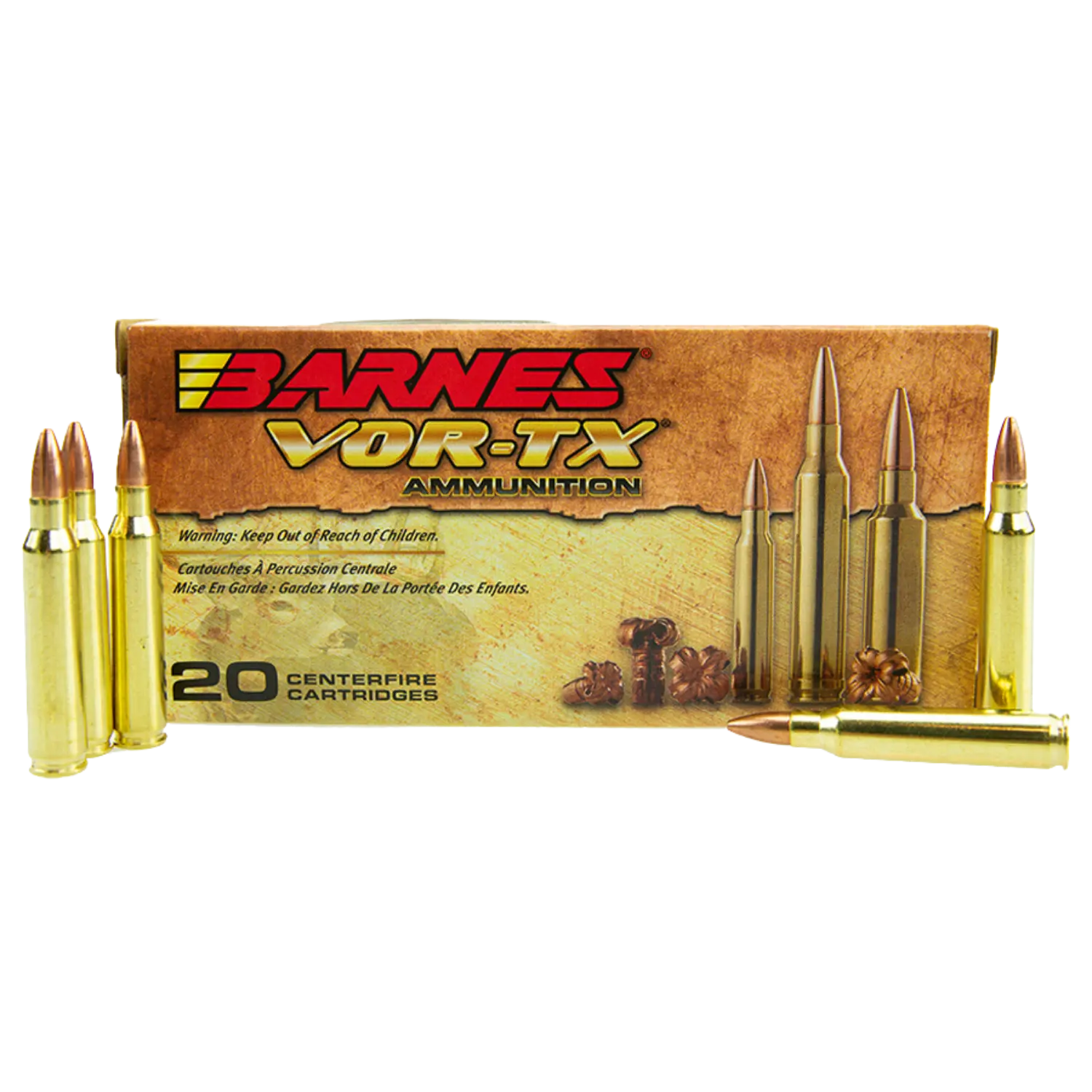 Barnes VOR-TX .223 Rem. TSX 55gr Packung mit 20 Barnes VOR-TX Munition, zeigt fünf Patronen in Goldfarbe und eine offene Verpackung mit Warnhinweis.