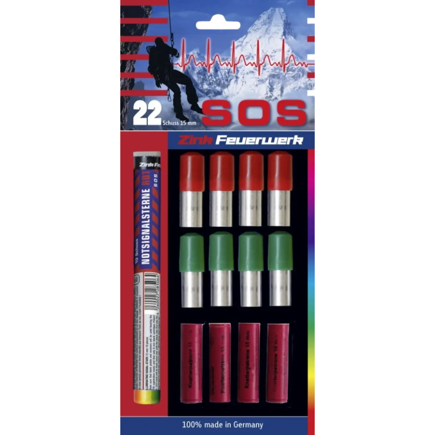 Verpackung von Zink Feuerwerk SOS mit 22 Schussteilen. Oben ein Berg mit Herzfrequenzlinie. Unten vier rote, vier grüne und vier pinke Signalraketen sowie eine weitere längliche Verpackung mit Leuchtsternen. 100% made in Germany.