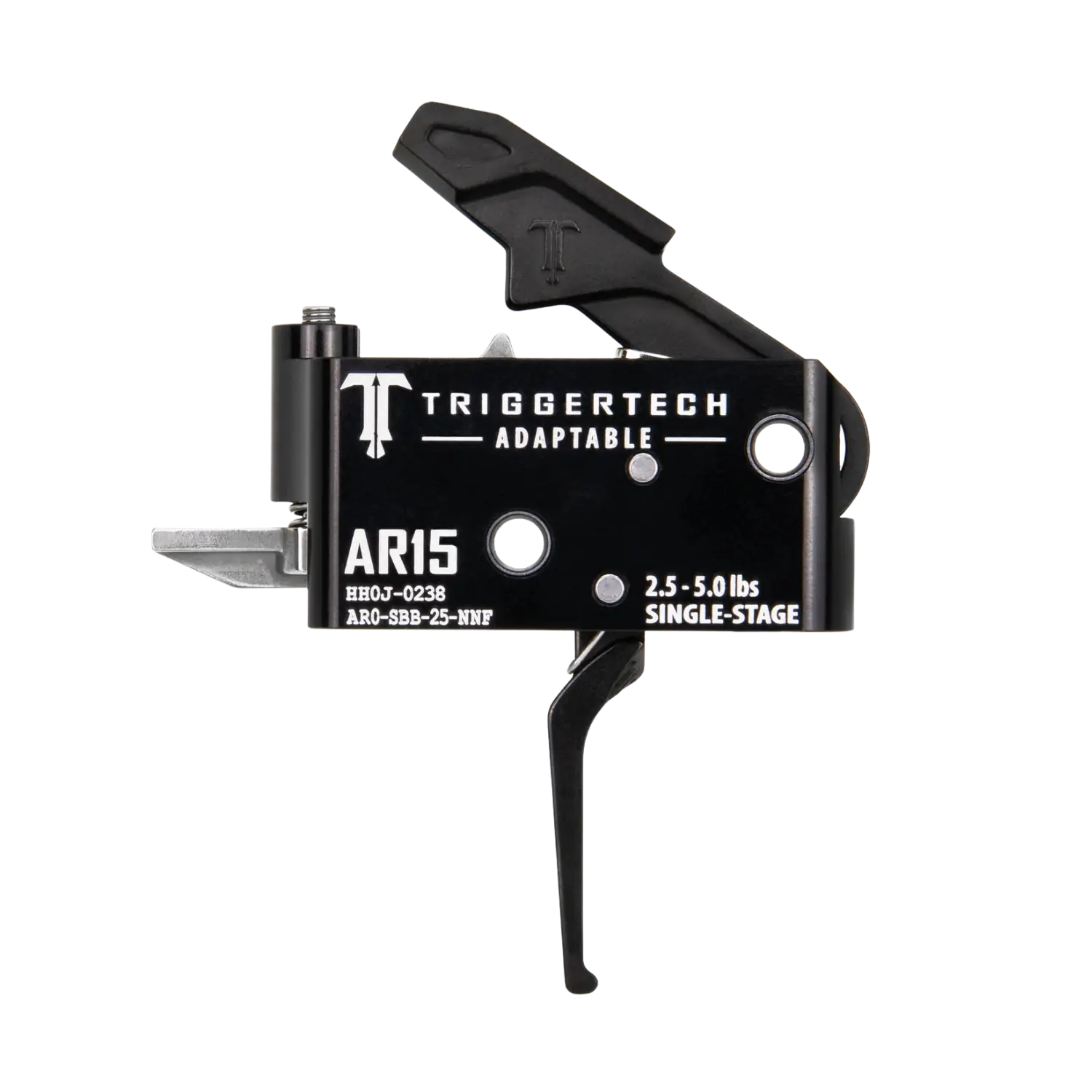 Schwarzer TriggerTech AR-15 Single-Stage Abzug mit geradem Abzugsbügel und weißer Beschriftung