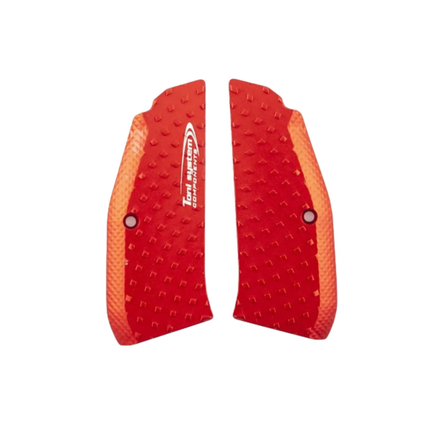 Rote Toni System Griffschalen mit strukturierter Oberfläche und weißem Schriftzug 'Toni System' auf der linken Schale.