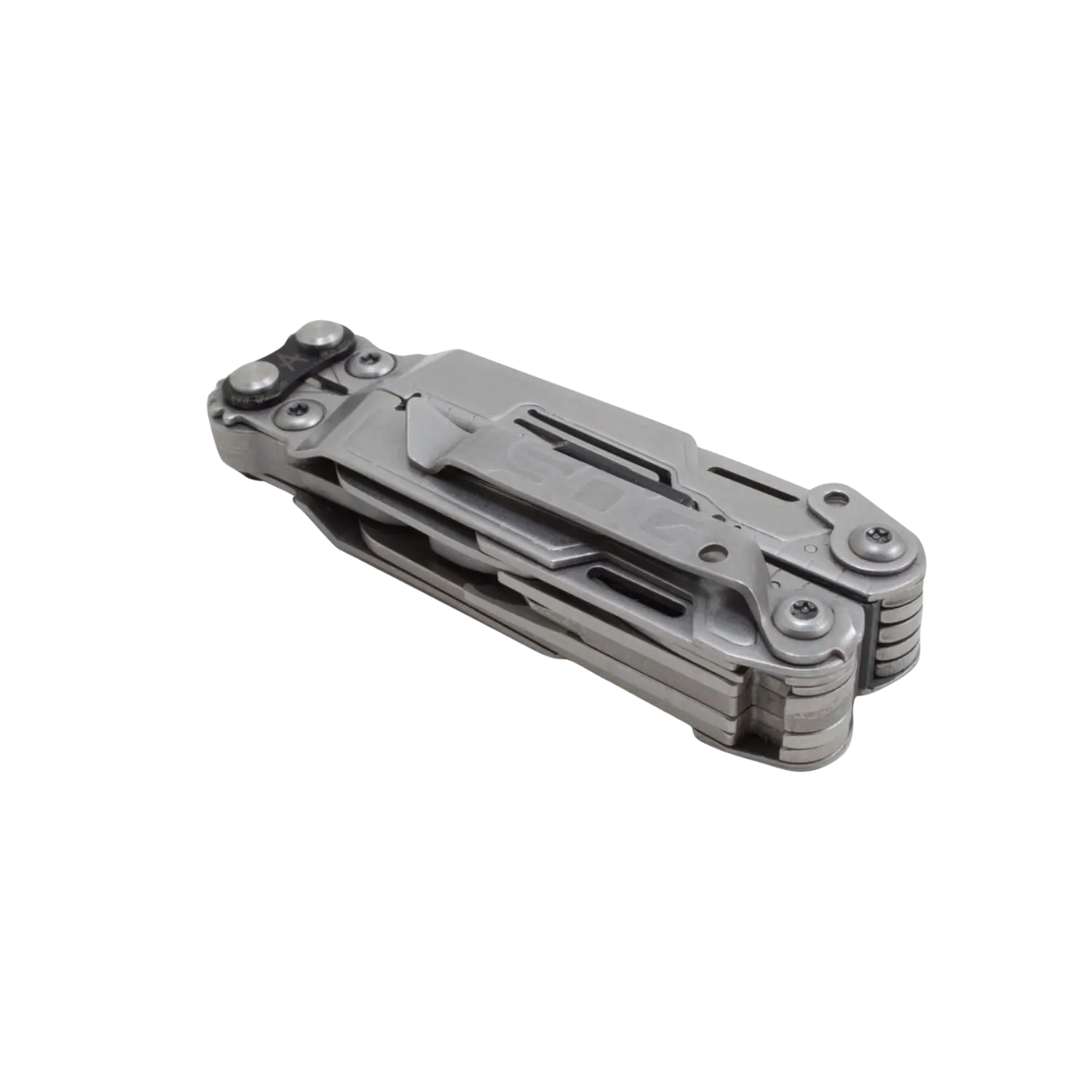 Gefaltetes Multitool aus Metall mit Clip, verschiedene Werkzeuge eingeklappt