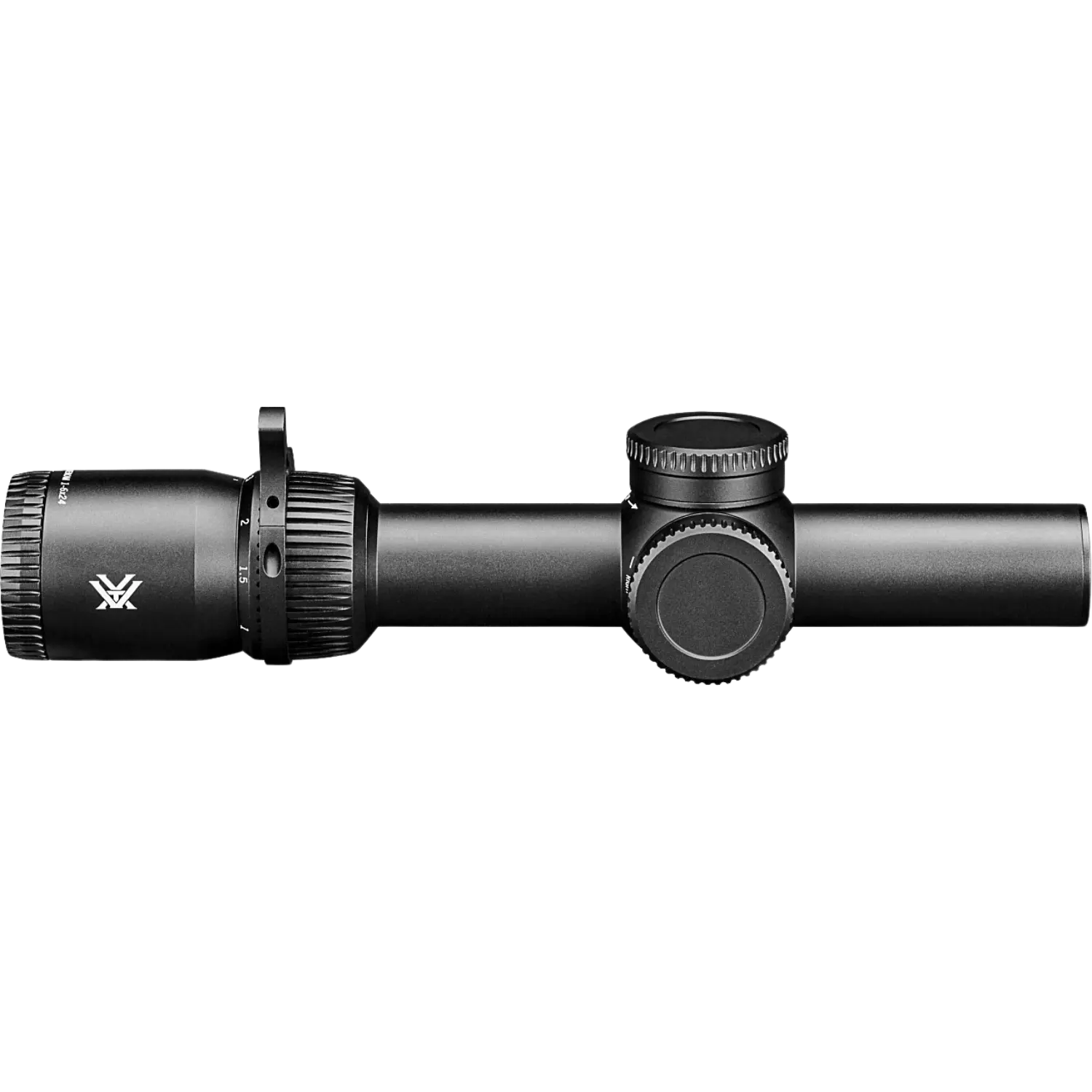 Vortex Zielfernrohr Venom 1-6x24 SFP AR-BDC3 Vortex Zielfernrohr Venom, schwarzes Gehäuse, länglicher Körper mit zwei Einstellrädern, Vortex Logo auf der linken Seite.