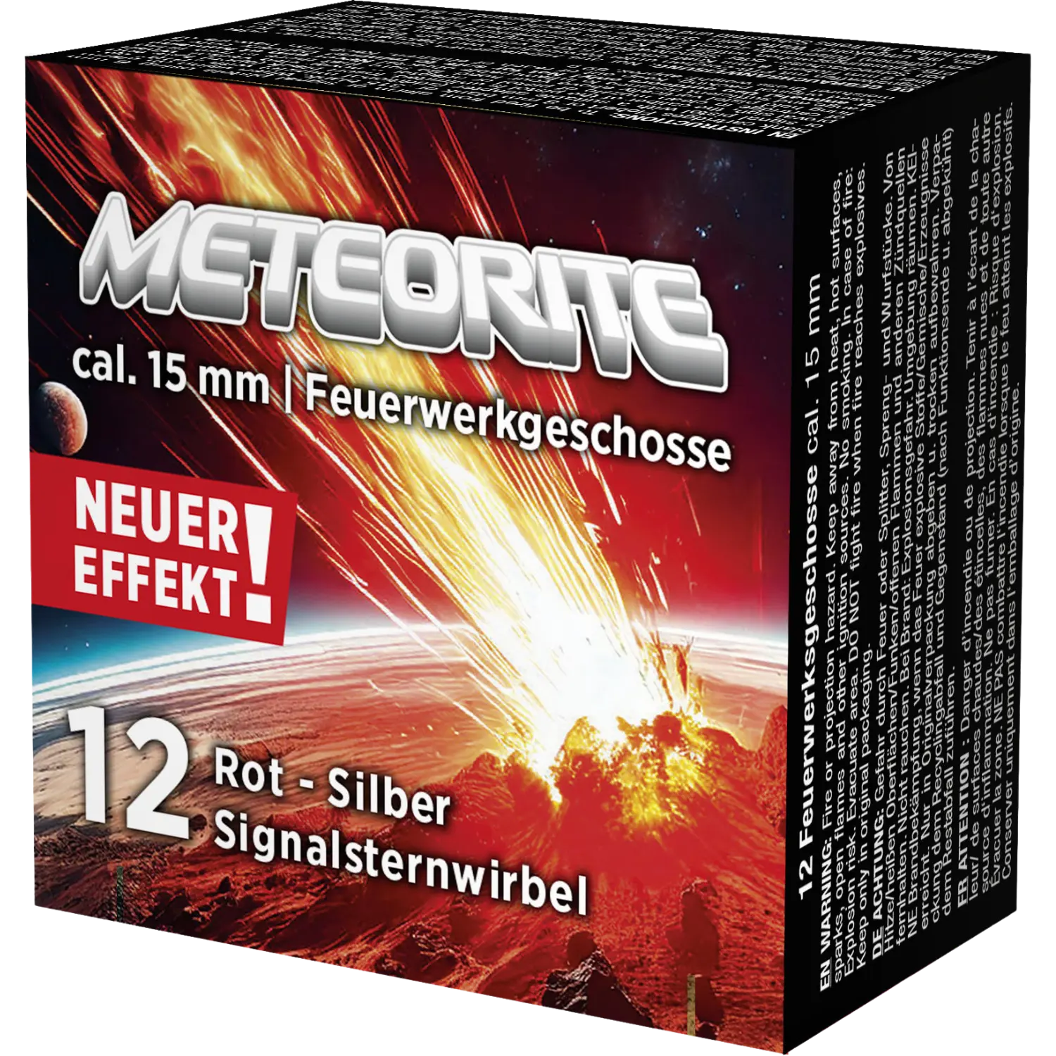 Verpackung für Feuerwerksgeschosse 'Meteorite' Kaliber 15 mm mit 12 Schuss, rot-silberne Signalsternwirbel, Text 'NEUER EFFEKT!' auf rotem Hintergrund.