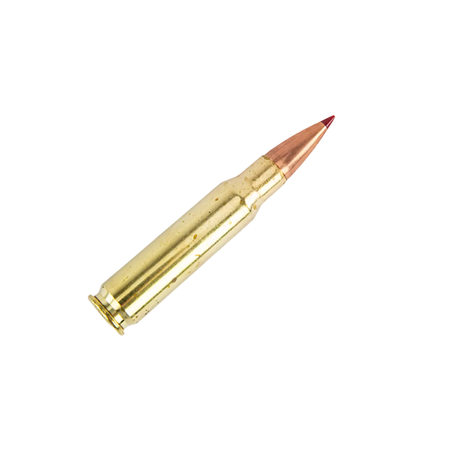 Hornady International .308 Win 150gr ECX 20 Schuss Eine Patrone mit einer goldenen Hülse und einer spitzen, kupferfarbenen Geschosskuppe.