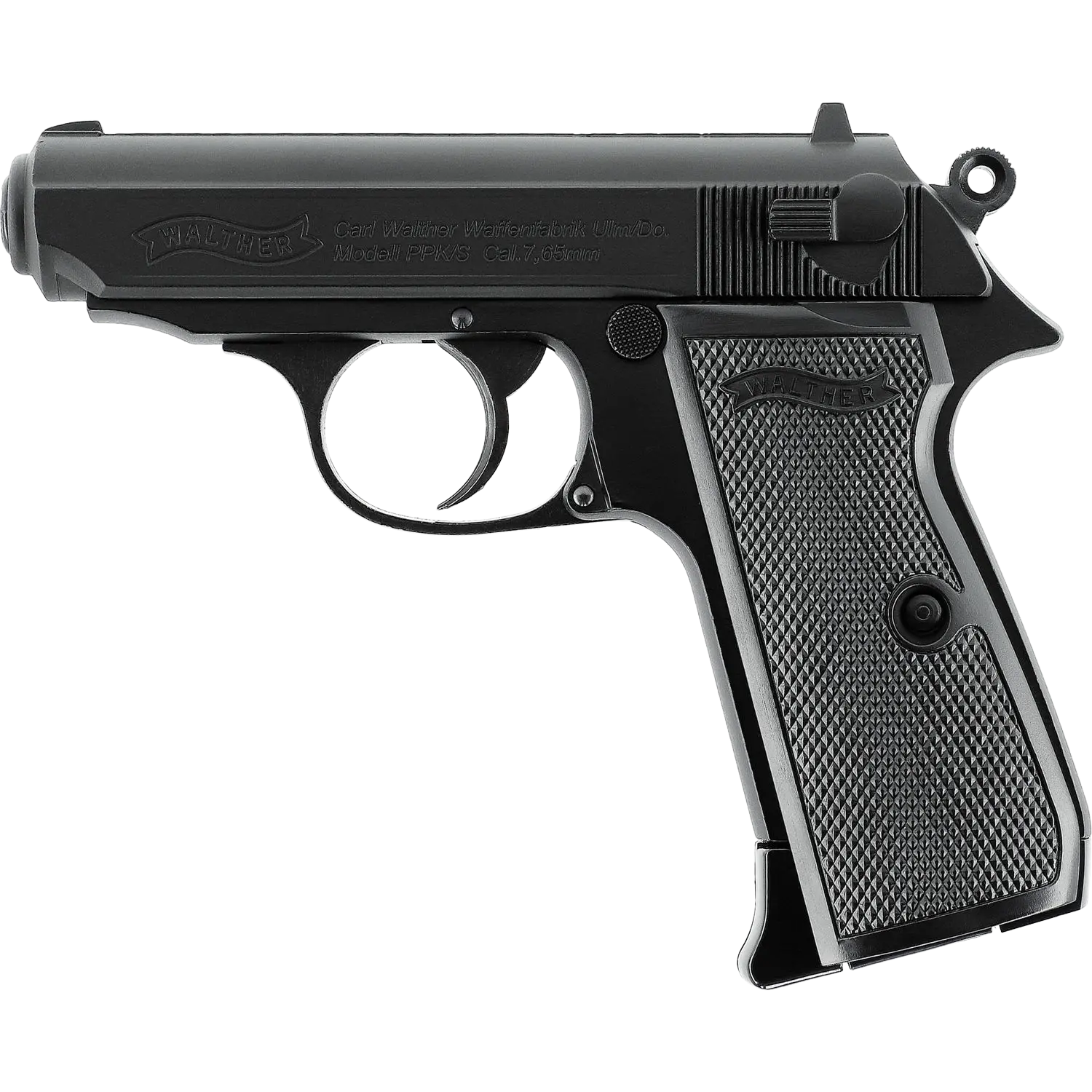 Walther PPK/S CO2 Pistole 4.5mm BB mit Blowback Schwarze Luftdruckpistole Walther PPKS 4,5 mm mit geriffeltem Griff und sichtbaren Markierungen auf dem Schlitten.
