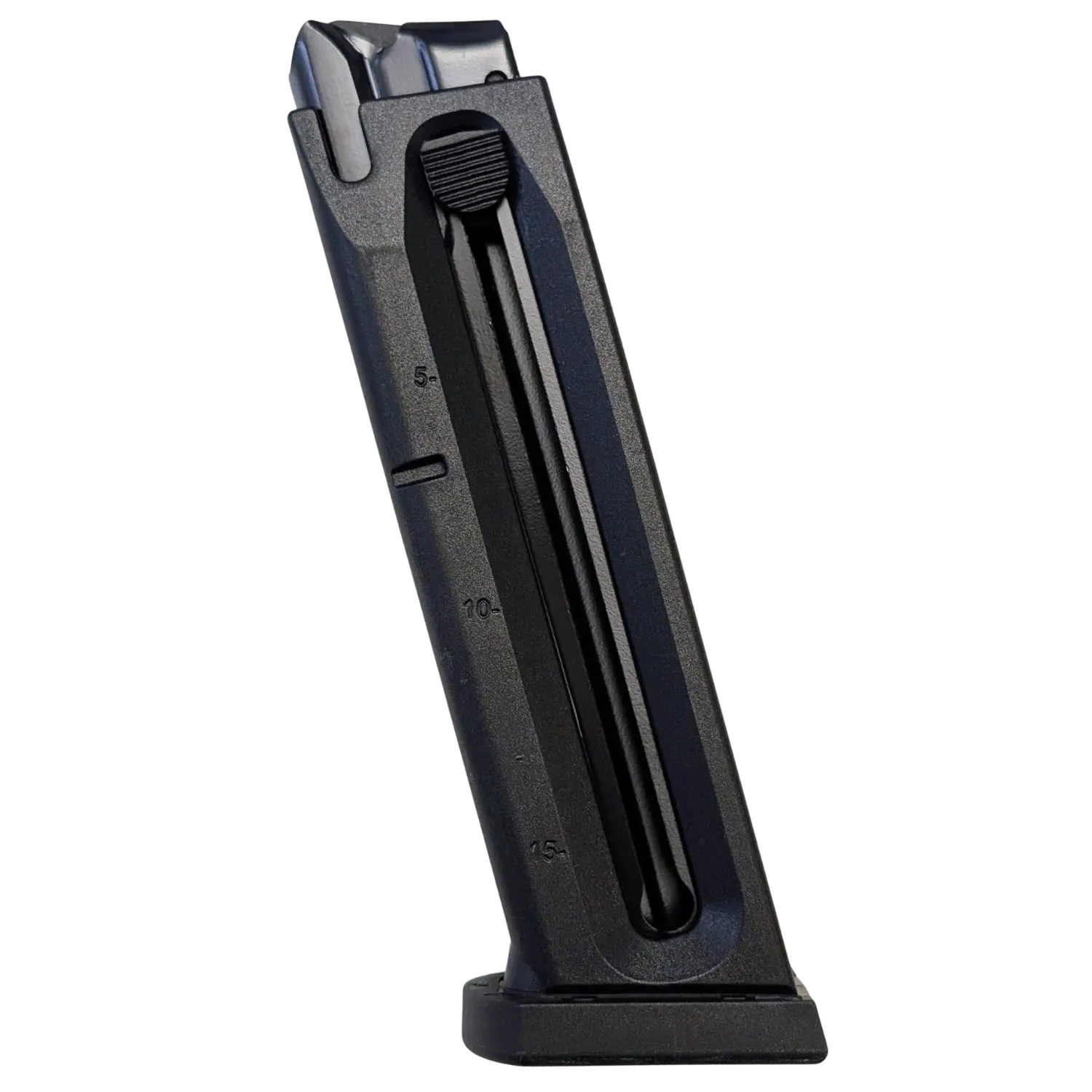 Schwarzes 15-Schuss-Magazin für Beretta Wechselsystem Modell 90/92 im Kaliber .22LR mit sichtbaren Ladestandsmarkierungen und geriffeltem Schieber am oberen Ende