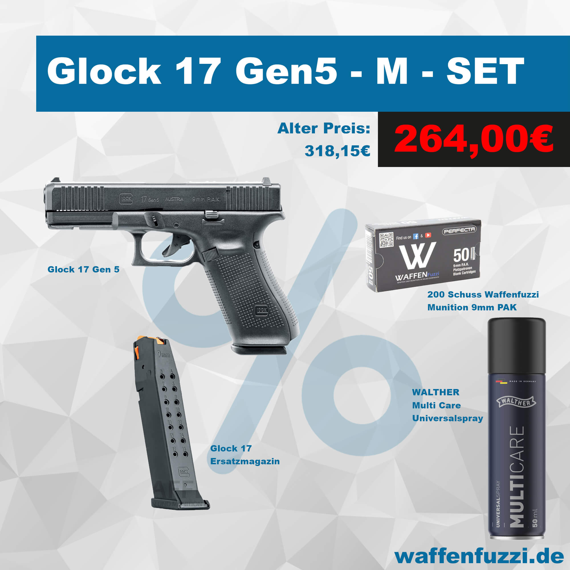 Glock 17 Gen5 Schreckschusswaffen Set M bestehend aus 200 Schuss + Pflegeöl + Ersatzmagazin