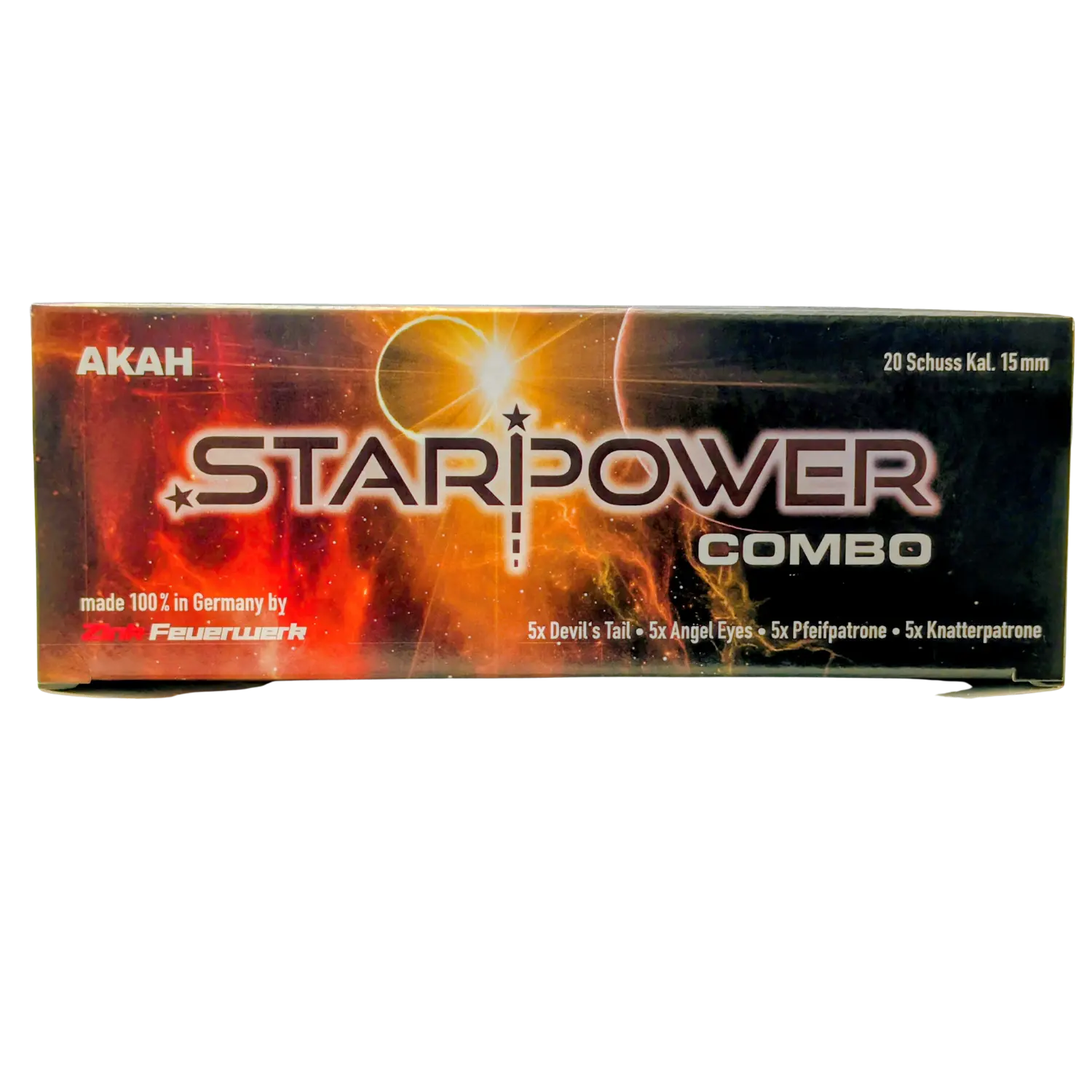 Verpackung der Feuerwerksmarke 'AKAH' mit Produktname 'STARPOWER COMBO' vor einem orange-gelben Weltraumhintergrund mit Sternen und Sonne.