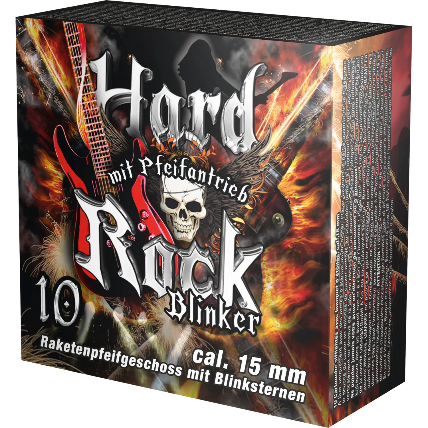 Verpackung der Umarex Pyro Hard Rock Blinker Kaliber 15 mm mit 10 Schuss, zeigt brennende E-Gitarren vor Flammenhintergrund und Text 'Hard Rock Blinker mit Pfeifantrieb'.