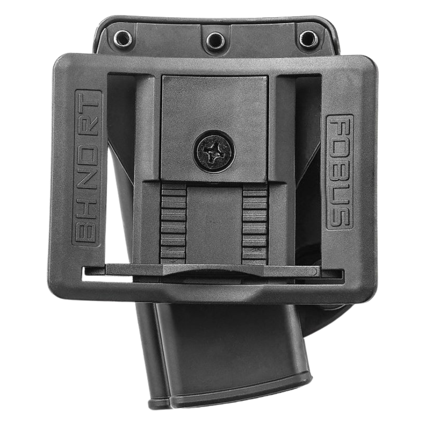 Fobus Paddle Holster für Revolver .38 / .357Mag. mit Rotationsverstellung Forbus Paddle Holster aus schwarzem Kunststoff mit rechteckigem Paddle, Schraube in der Mitte und den Prägungen 'BH NORT' links und 'FOBUS' rechts.