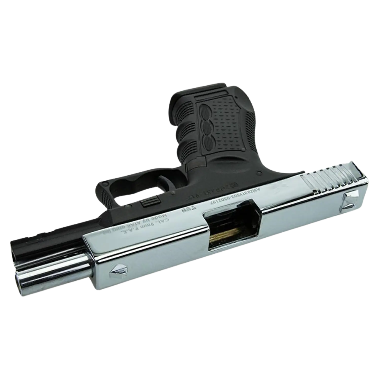 Schreckschusswaffe mit schwarzem Griff und verchromtem Lauf, seitlich offen mit sichtbarer Patrone.