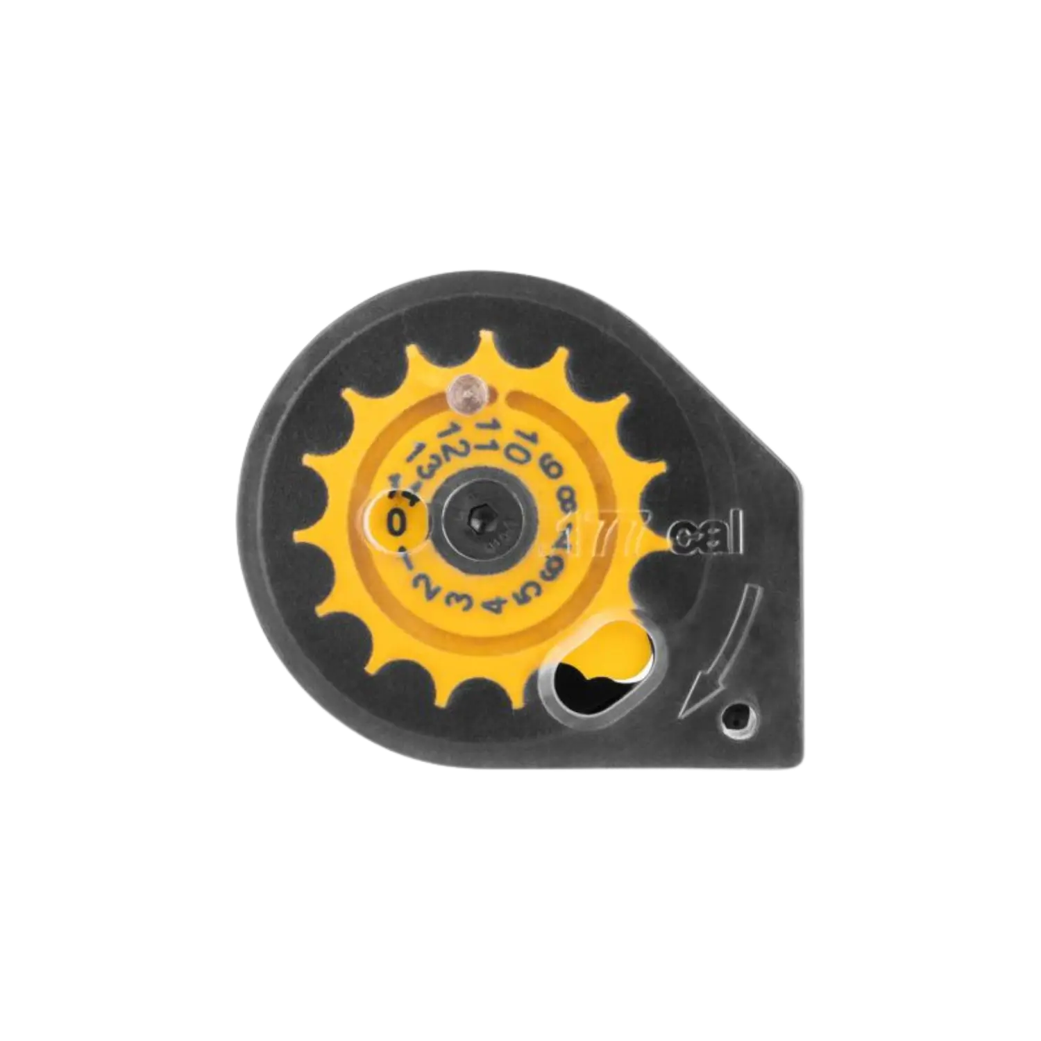 Reximex Trommelmagazin für 4,5-mm-Kugeln, schwarz-transparent mit gelbem Zahnrad und Kalibrierungspfeil.