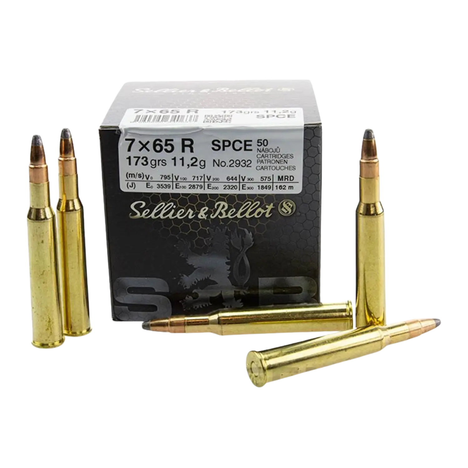 Packung mit 50 Sellier & Bellot Patronen 7 x 65 R SPCE, umgeben von fünf einzelnen Patronen mit Messinghülsen und kupferfarbenen Geschossen.