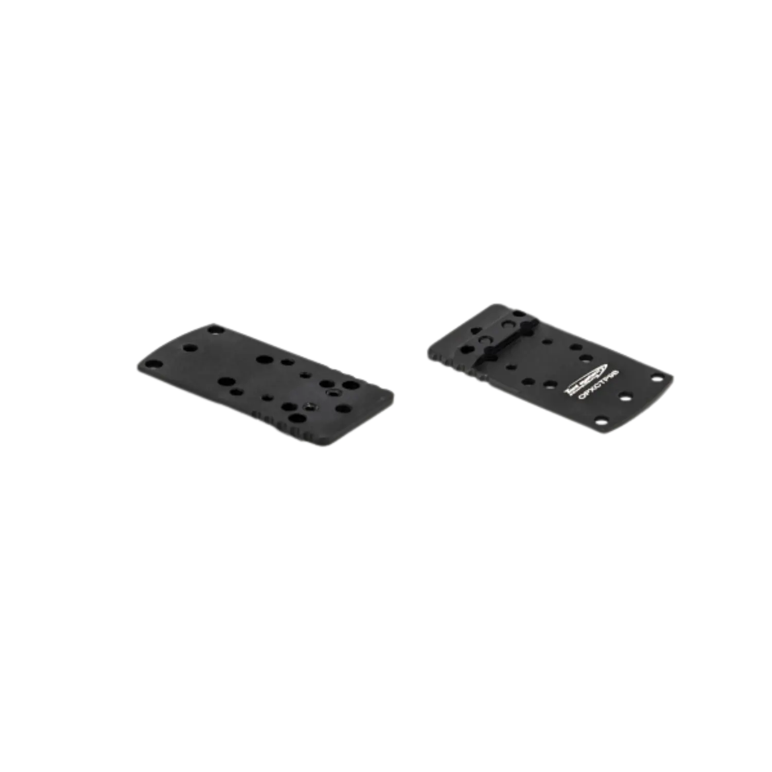 Toni System Canik TP9 SF / Sfx Dovetail Base Plate für Red Dots I Typ B Zwei schwarze Metallplatten mit mehreren Bohrungen, rechte Platte mit Aufschrift 'TONI SYSTEM', flache rechteckige Form.