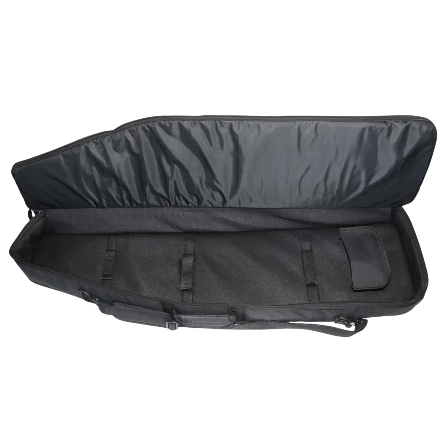 Offener schwarzer Gewehrkoffer mit gepolstertem Innenraum, mehreren Befestigungsschlaufen und einer kleinen Tasche, 120 cm lang