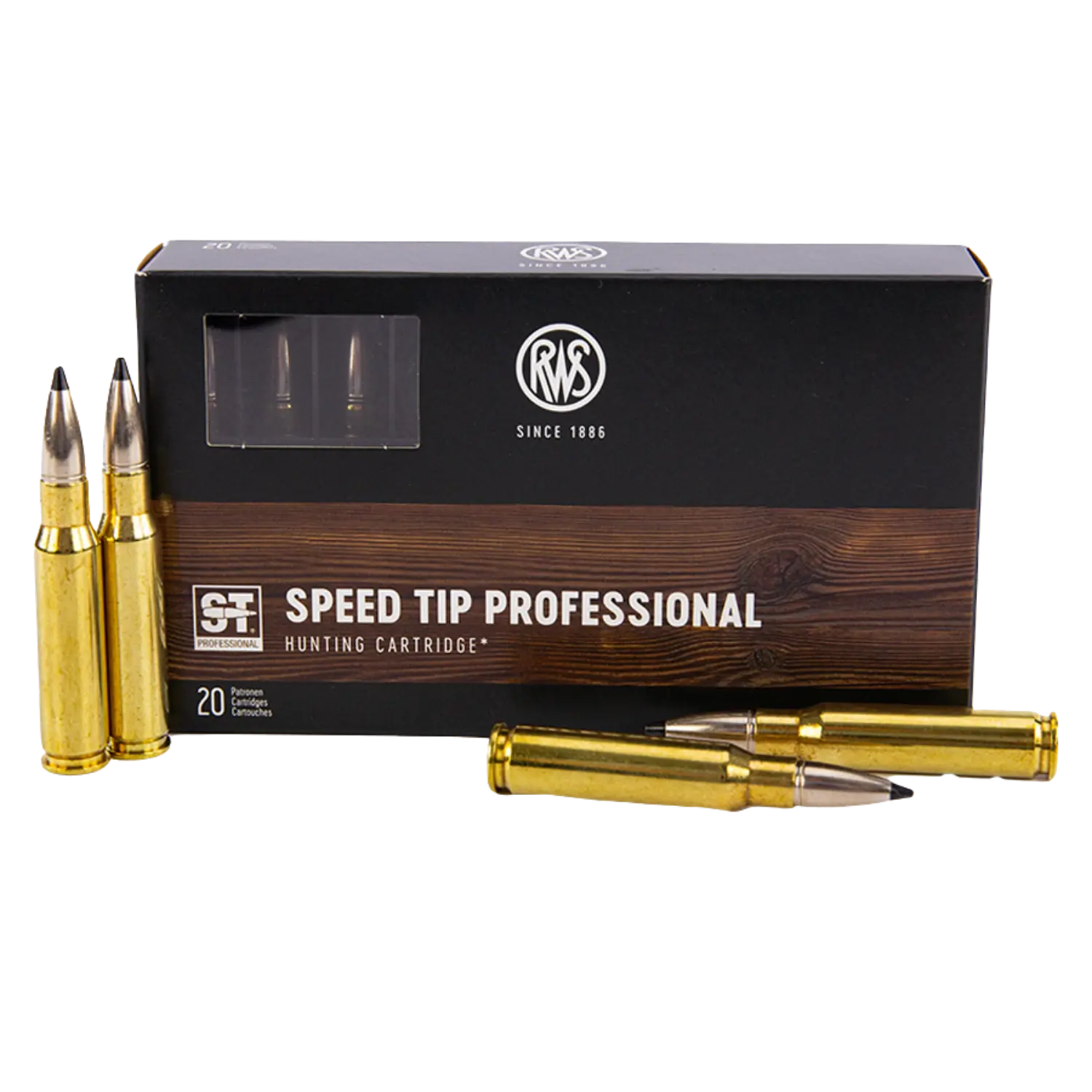 Verpackung mit RWS Speed Tip Professional Jagdkartuschen, 20 Stück, mit sichtbaren Patronen.