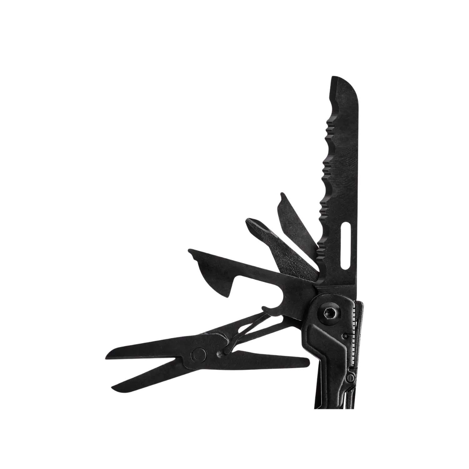 Geöffnetes schwarzes Multitool mit Schere, Säge und weiteren Werkzeugen