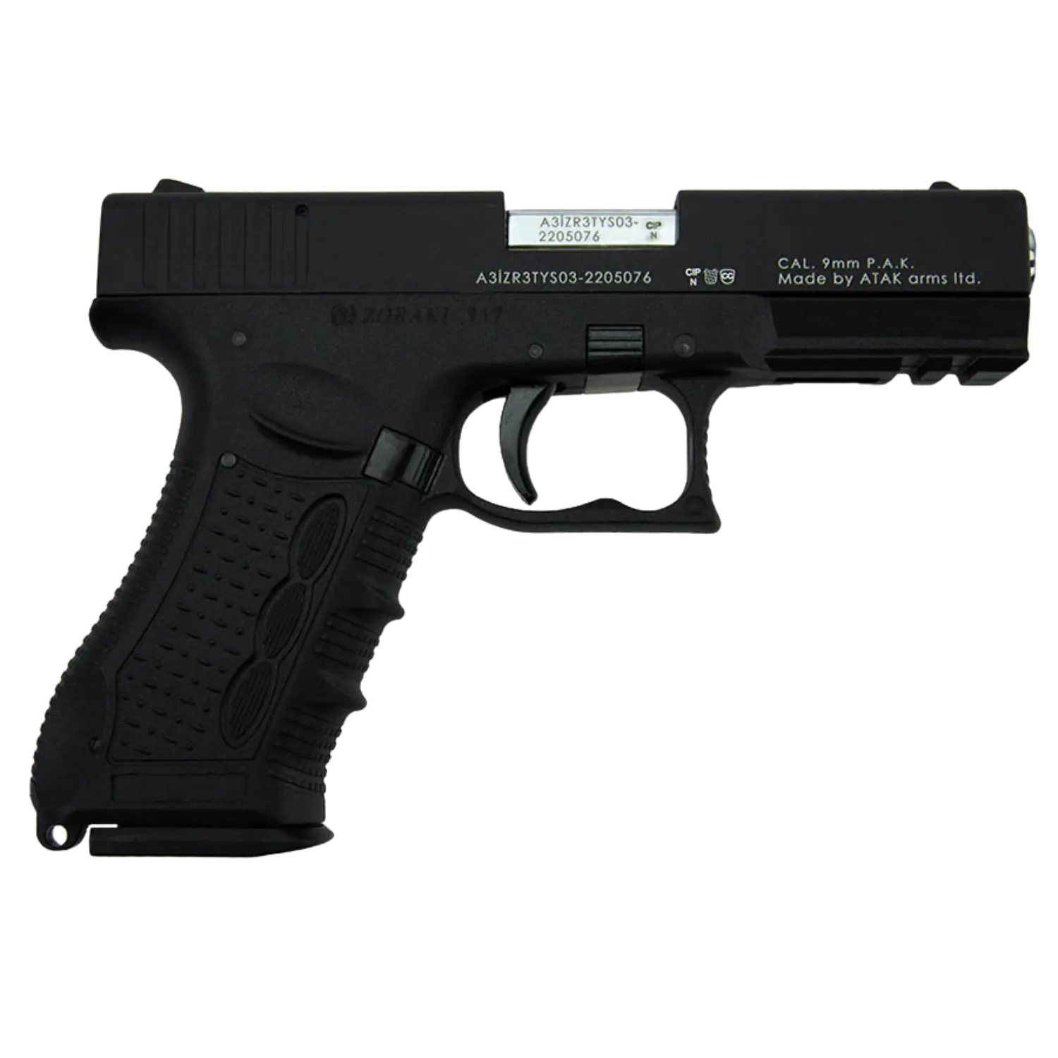 Schwarze Schreckschusswaffe vom Modell A3I2R3TYS03 mit Grifftextur und Aufschrift 'CAL. 9mm P.A.K. Made by ATAK arms ltd.' auf der Laufschiene.