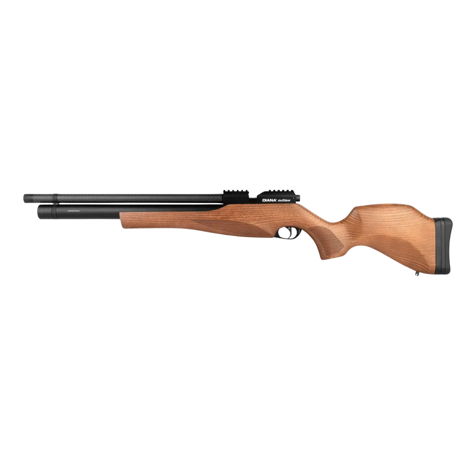 Diana Outlaw Gen2 Luftgewehr mit Holzschaft, zwei schwarze Luftbehälter, rechteckiger Abzug, glatte Oberfläche.