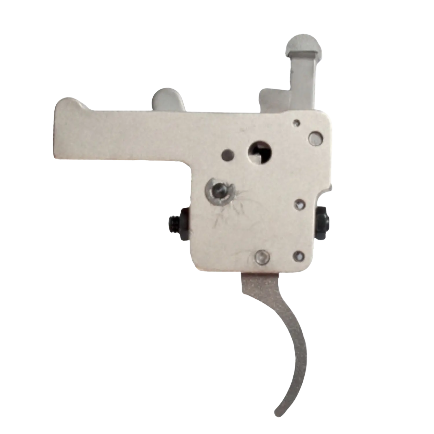 Metallischer Abzug mit Hebel und Schrauben, vermutlich Teil eines mechanischen Geräts.