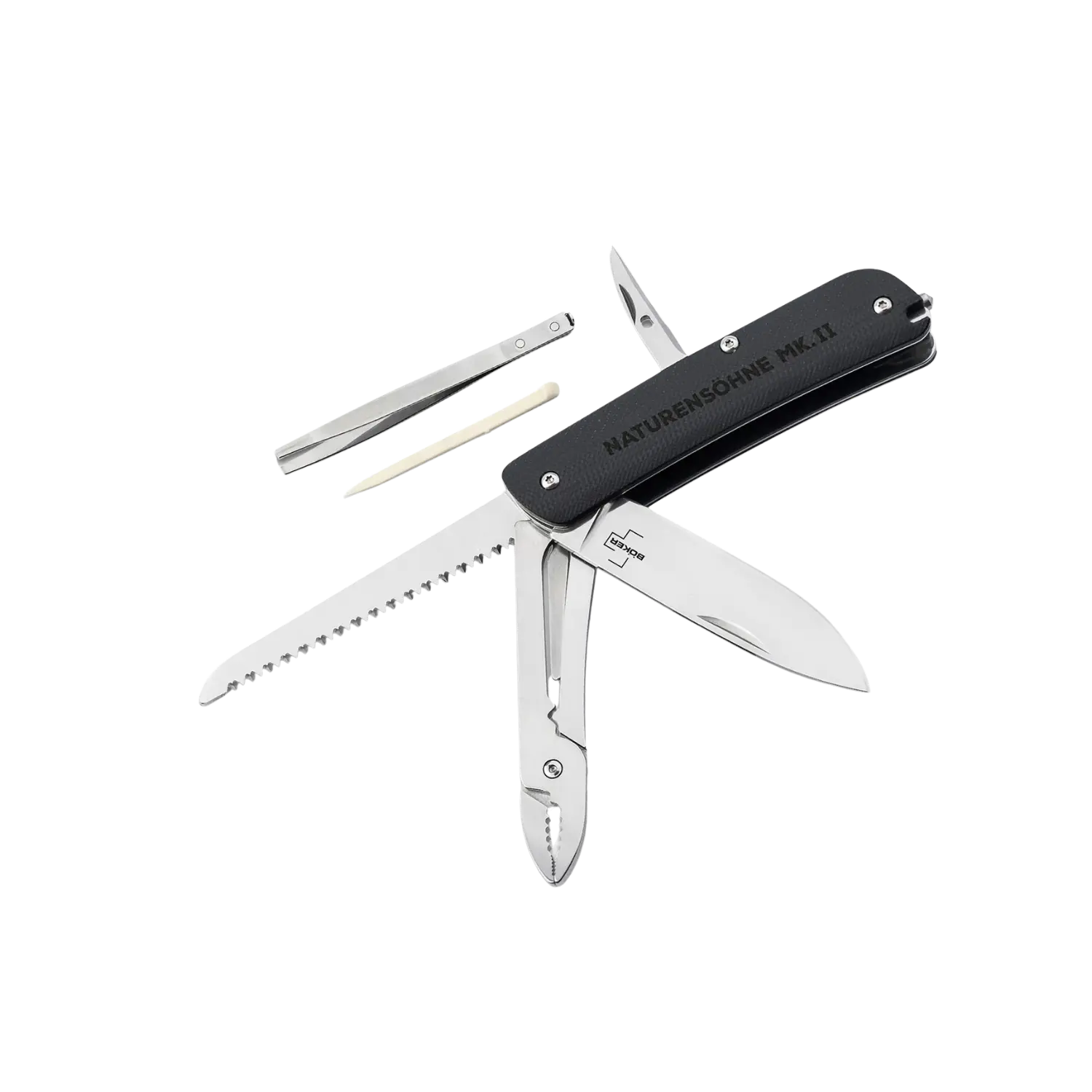 Multifunktionales Taschenmesser Naturensöhne MK II mit schwarzem Griff, Säge, Messer, Feile und weiteren Werkzeugen