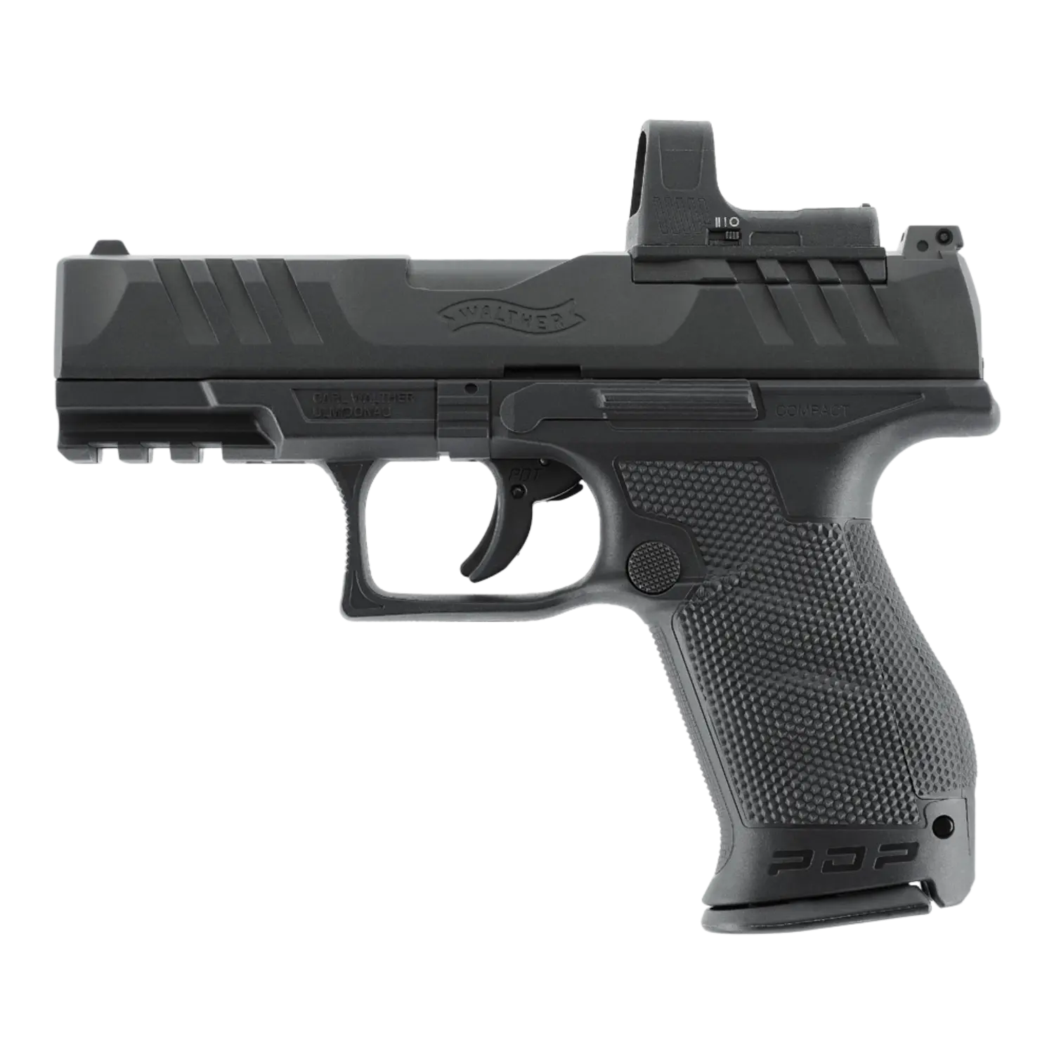 Walther PDP Compact 4" BLK SET CO2 Pistole 4,5 mm BB + RDS Red Dot Schwarze CO2-Pistole Walther PDP mit strukturierter Griffoberfläche und montiertem Rotpunktvisier, Seitenansicht rechts