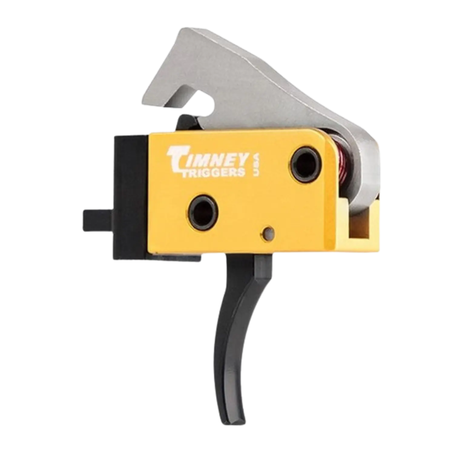 Timney Direktabzug für AR PCC Waffen Gebogen Gelber Timney Abzug mit schwarzem Abzugsbügel und silbernem Hebel, rechteckige Form mit sichtbaren Schrauben und Federmechanismus