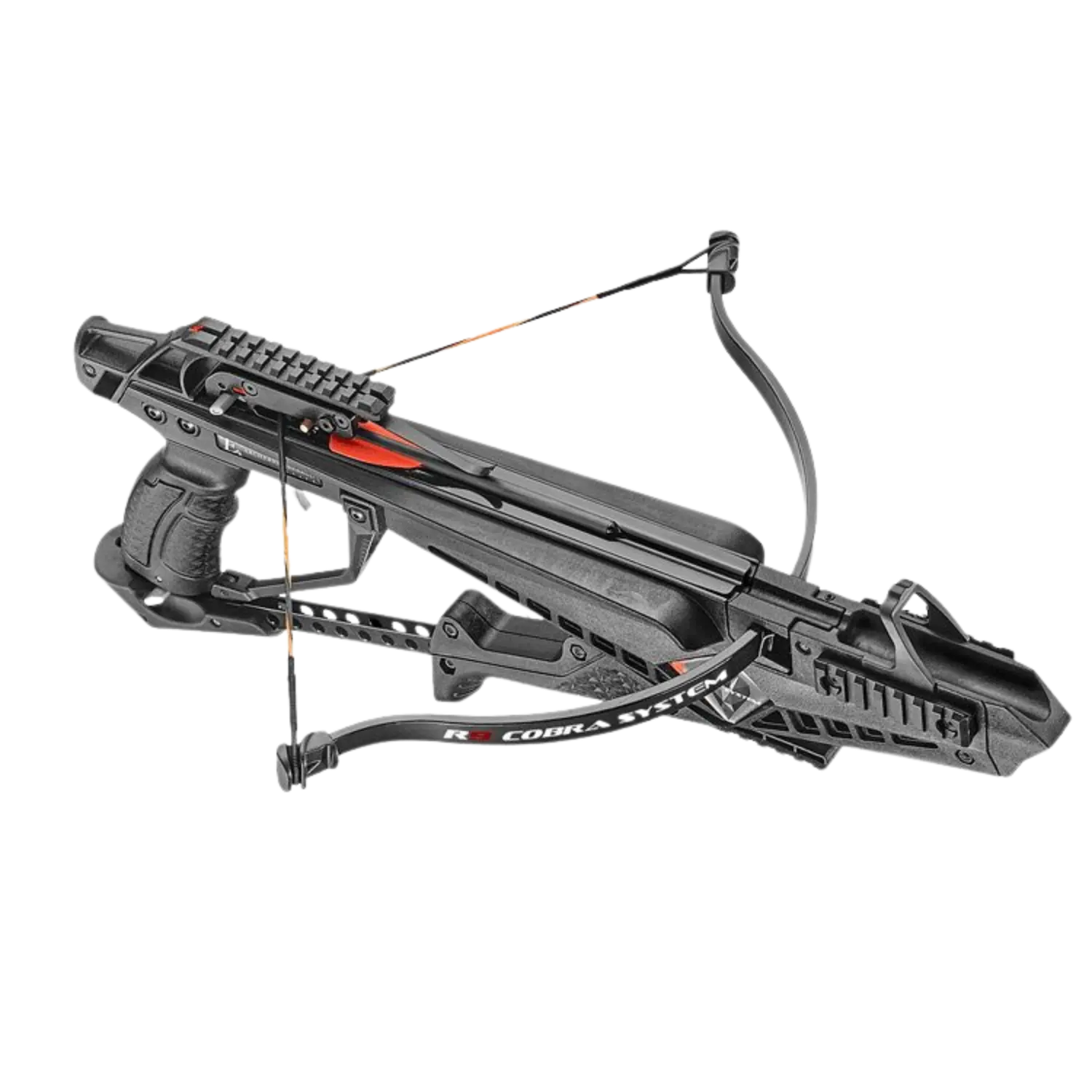 Armbrust COBRA System R9 90 lbs Schwarze Pistolenarmbrust mit Spannvorrichtung, Visier und Sehne, seitliche Ansicht, sichtbare Markierung 'COBRA' am Unterarm.