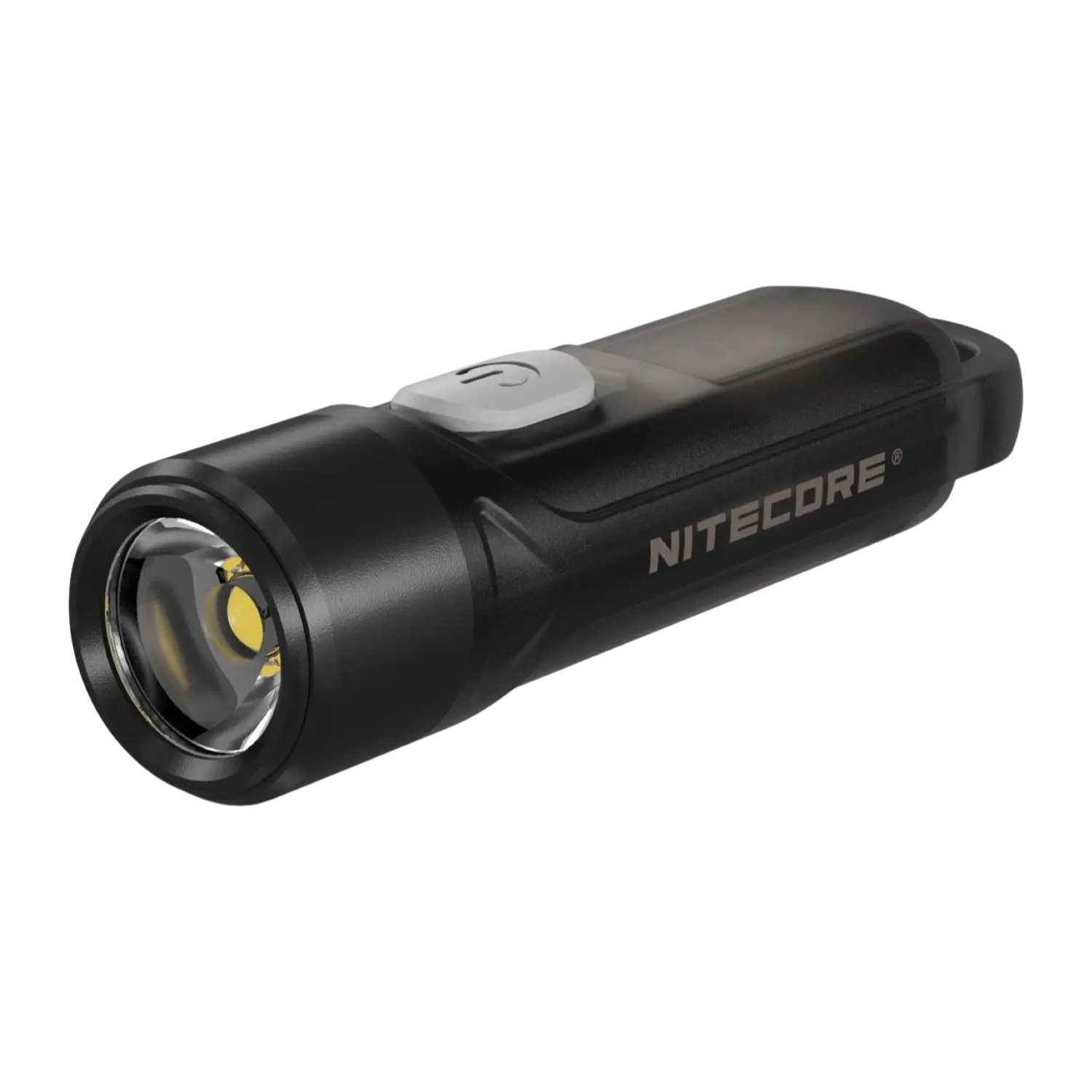 Kleine schwarze Taschenlampe von Nitecore mit weißem Einschaltknopf und rundem Lichtscheinwerfer