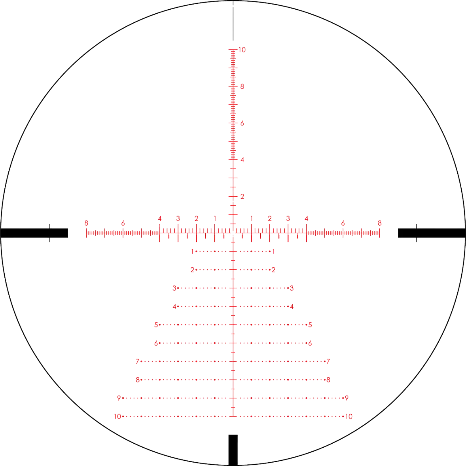 Abbildung des Absehen EBR-7C MOA des Vortex Strike Eagle Zielfernrohrs 3-18x44 FFP. Das Absehen zeigt horizontale und vertikale Linien mit Markierungen von 1 bis 10.