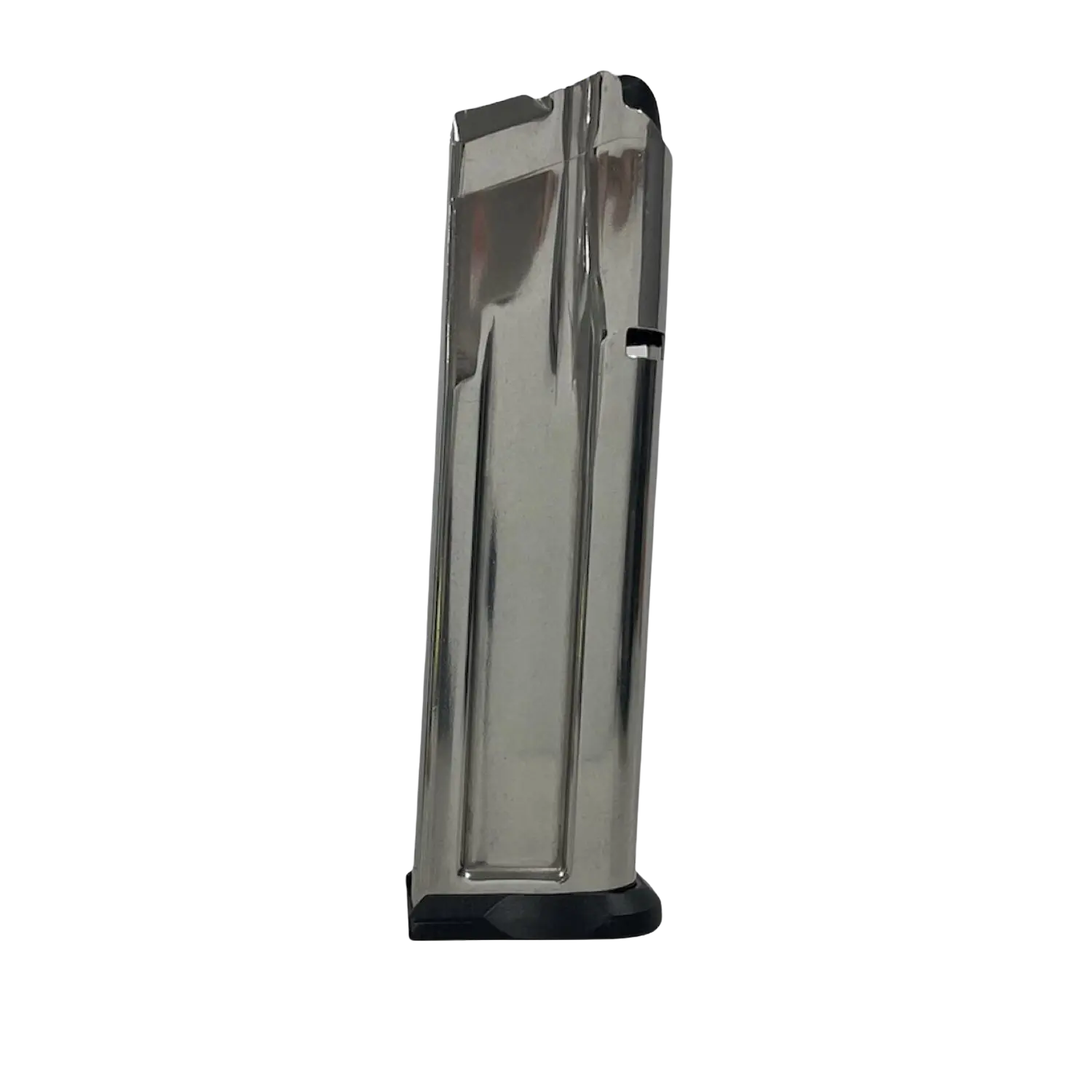 Magazin für eine .45 ACP Pistole, silberner Metallkörper mit schwarzem Kunststoffboden, senkrecht stehend.