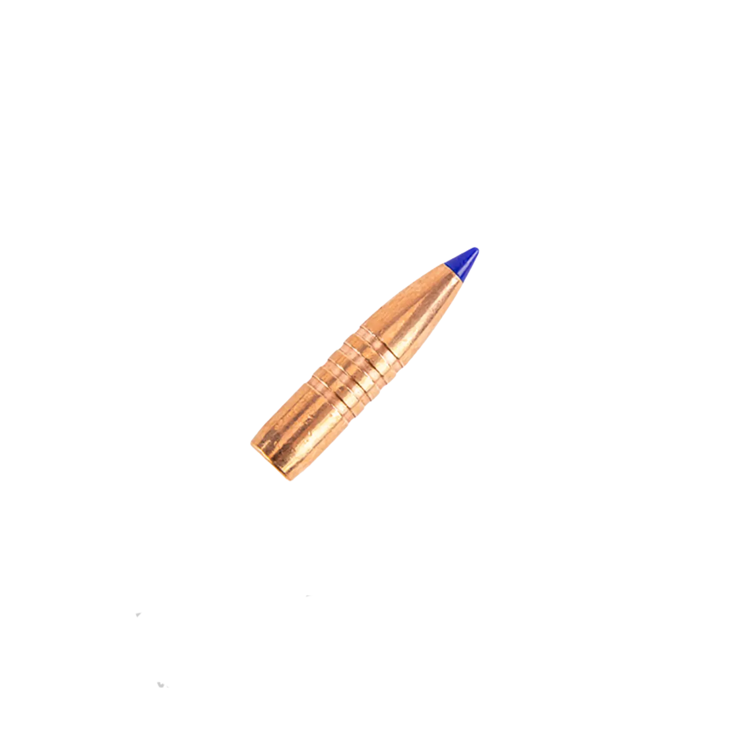 Kupferfarbene Geschosskugel mit spitzer, blauer Spitze und Rillen am Schaft