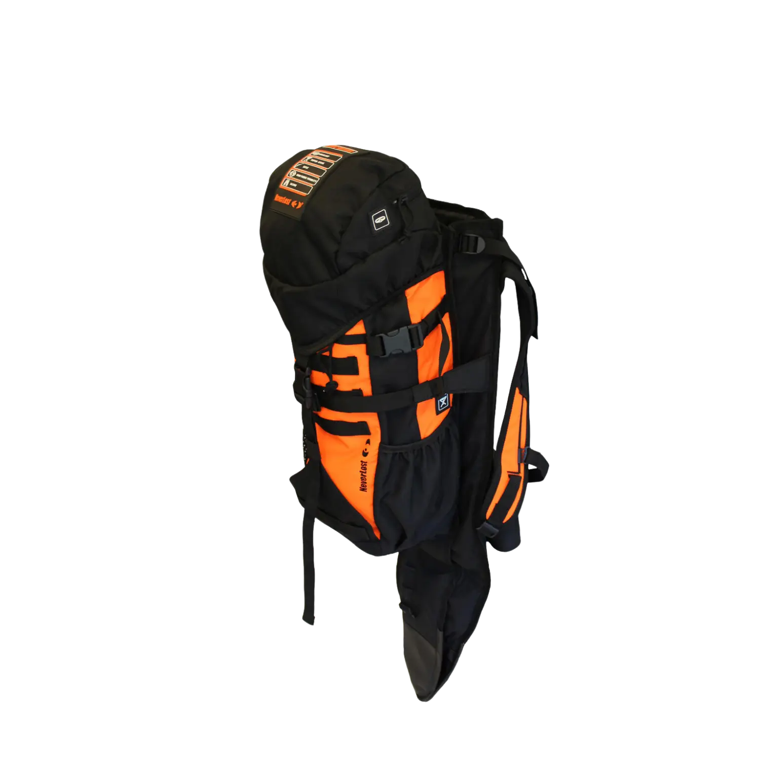 Neverlost Rucksack Scout mit schwarzem und orangefarbenem Design, mehreren Gurten und Taschen, seitlich mit Netzfach.