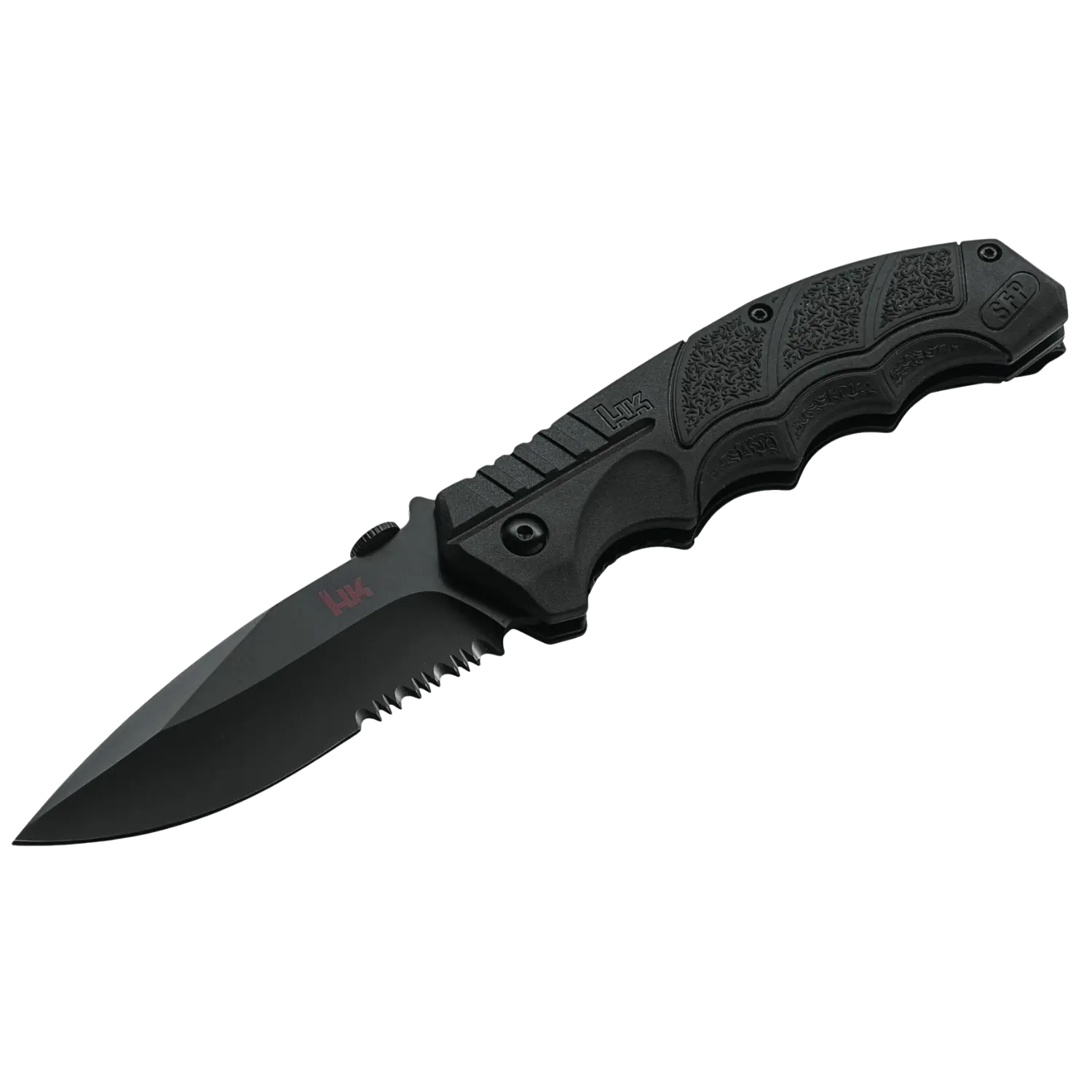 Heckler & Koch SFP Tactical Folder All Black D2-Stahl Schwarzes taktisches Klappmesser Heckler & Koch SFP mit gezahnter und glatter Klinge und ergonomischem Griff