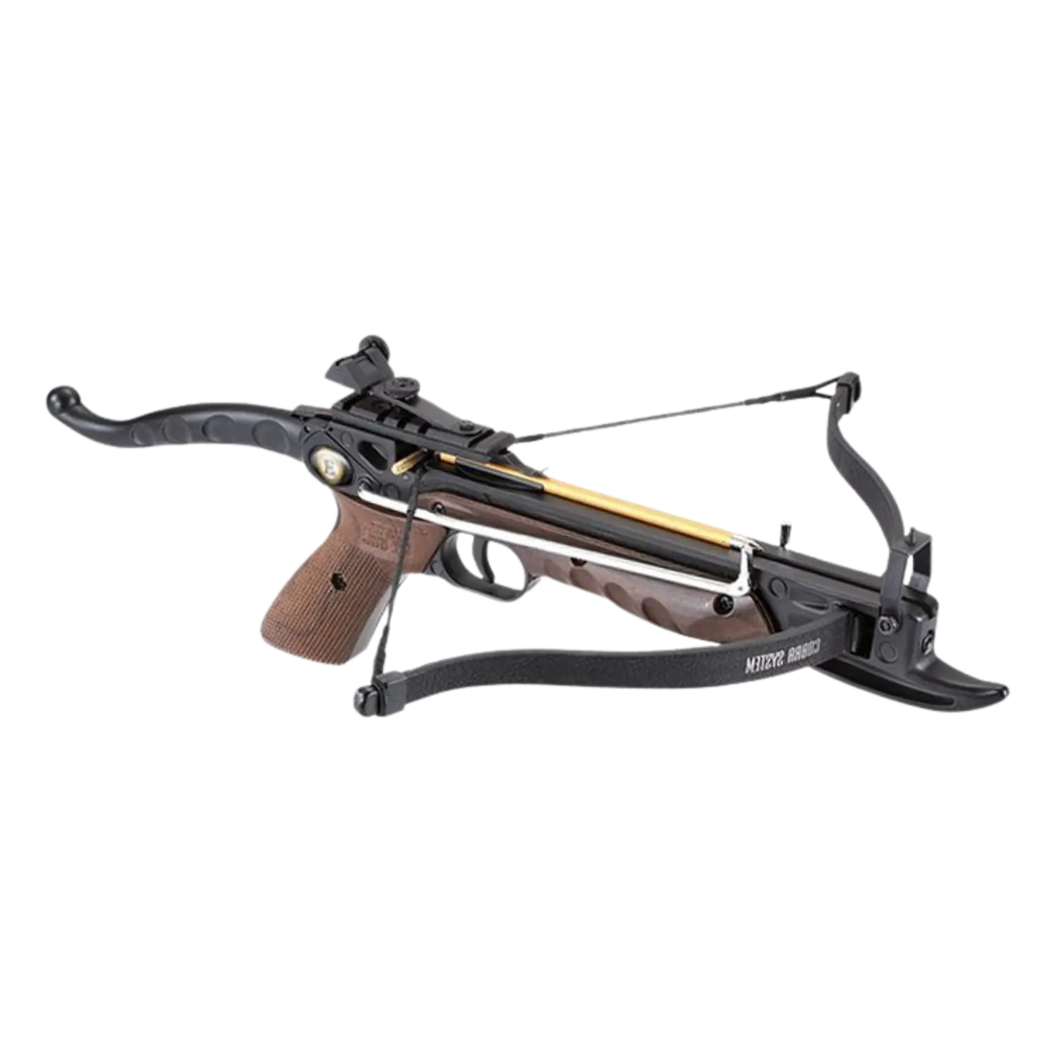 EK ARCHERY Pistolenarmbrust COBRA 80 lbs Armbrust mit braunem Griff, schwarzem Schaft und gespanntem Seil, seitliche Ansicht