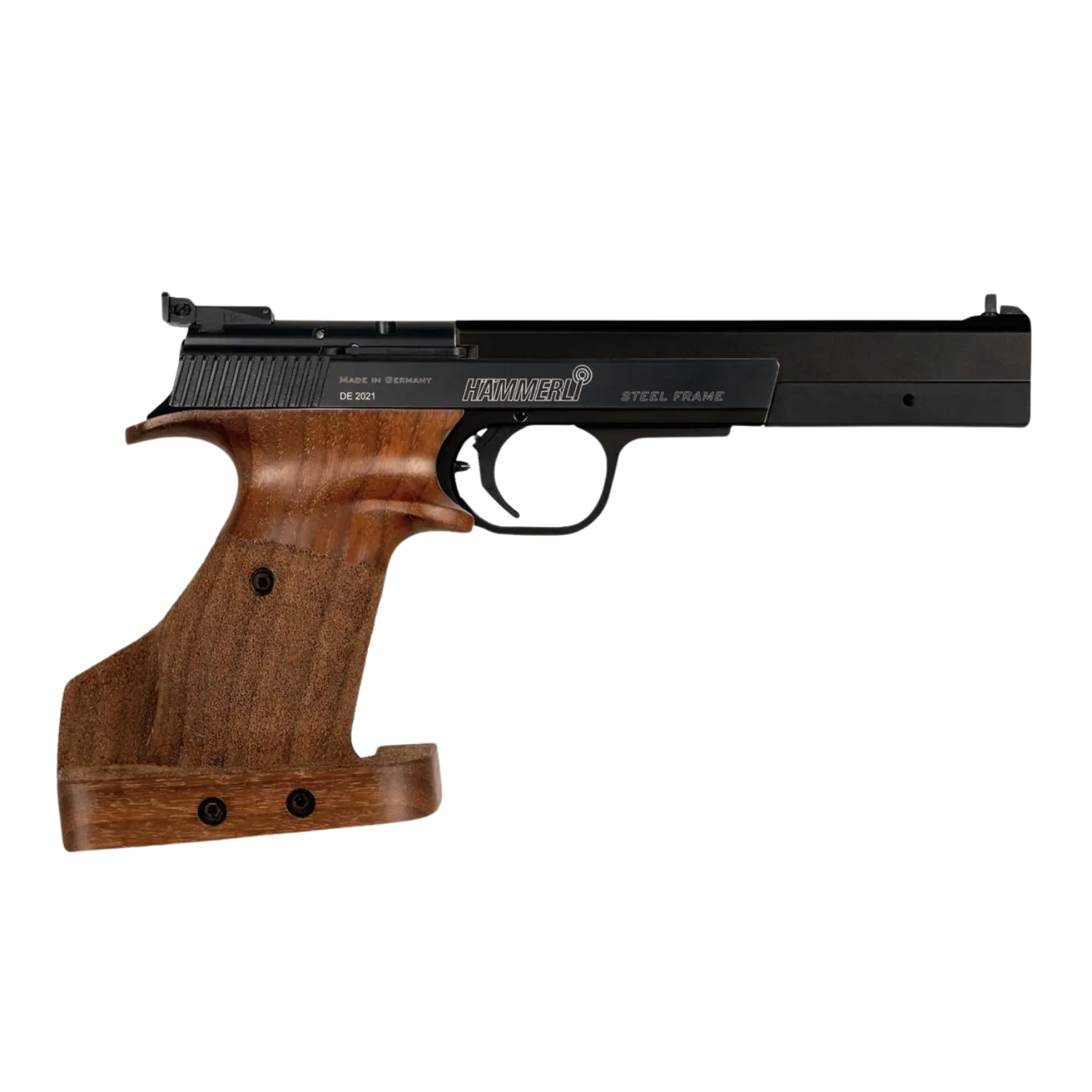 Hämmerli X-Esse SF Expert Kal. .22, halbautomatische Pistole mit Holzgriff und schwarzem Stahlrahmen, seitliche Ansicht.