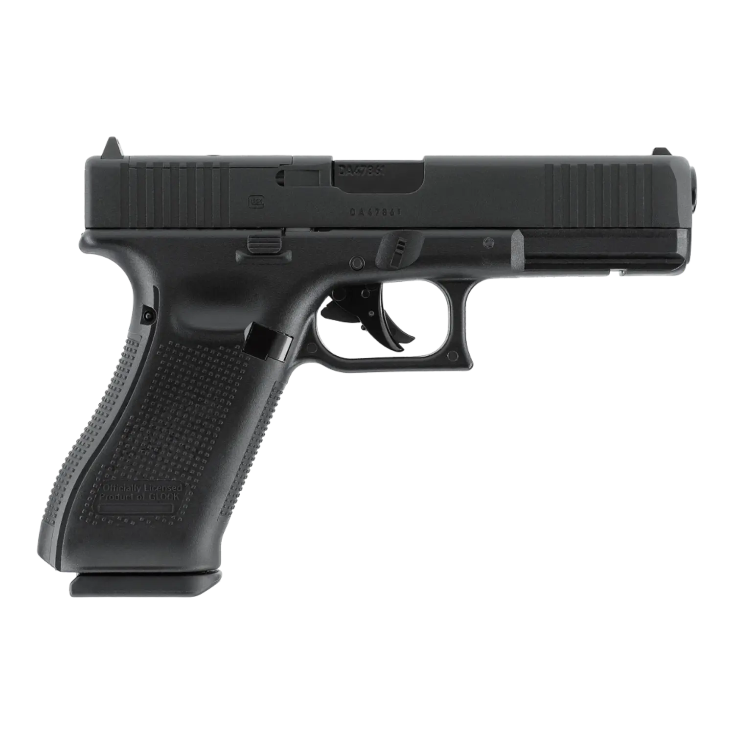 Schwarze CO2-Pistole mit geriffeltem Griff, Abzug und Visier, Seitenansicht rechts