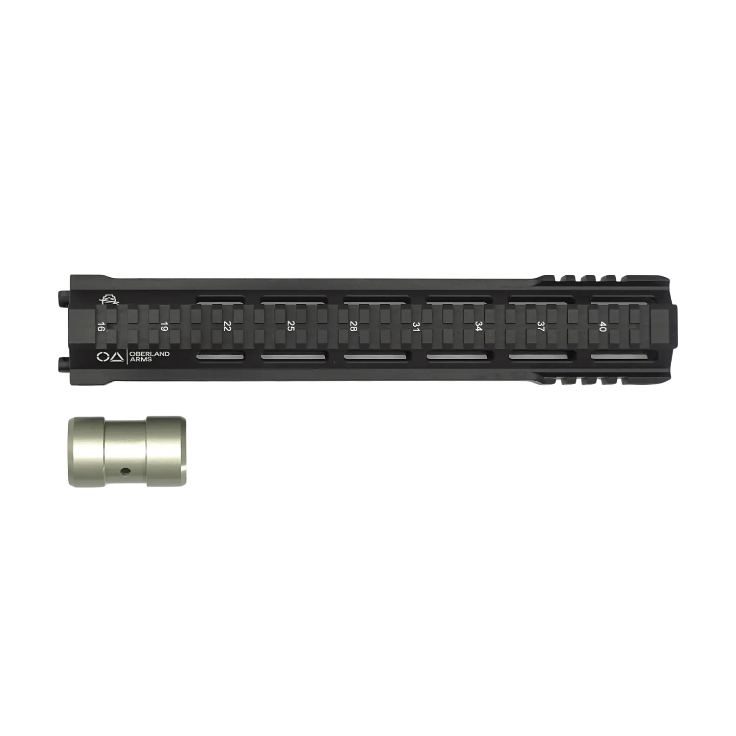 OA Modular Duty Rail Handschutz mit M-LOK- und Picatinny-Schienen, schwarz, länglich, mit separatem silbernem Befestigungsteil.