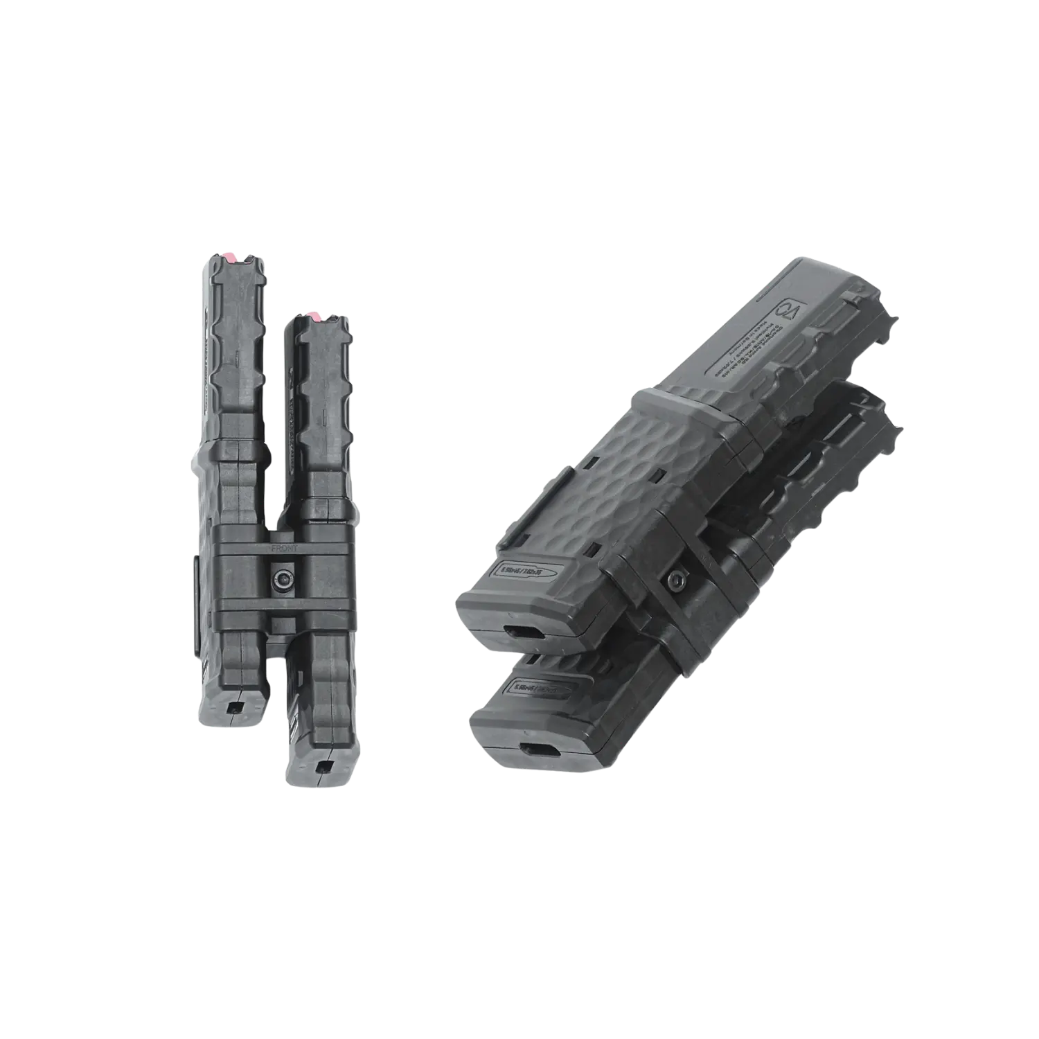 Zwei schwarze OA Magazin-Koppler mit strukturierten Oberflächen und Befestigungselementen, einer stehend und einer liegend