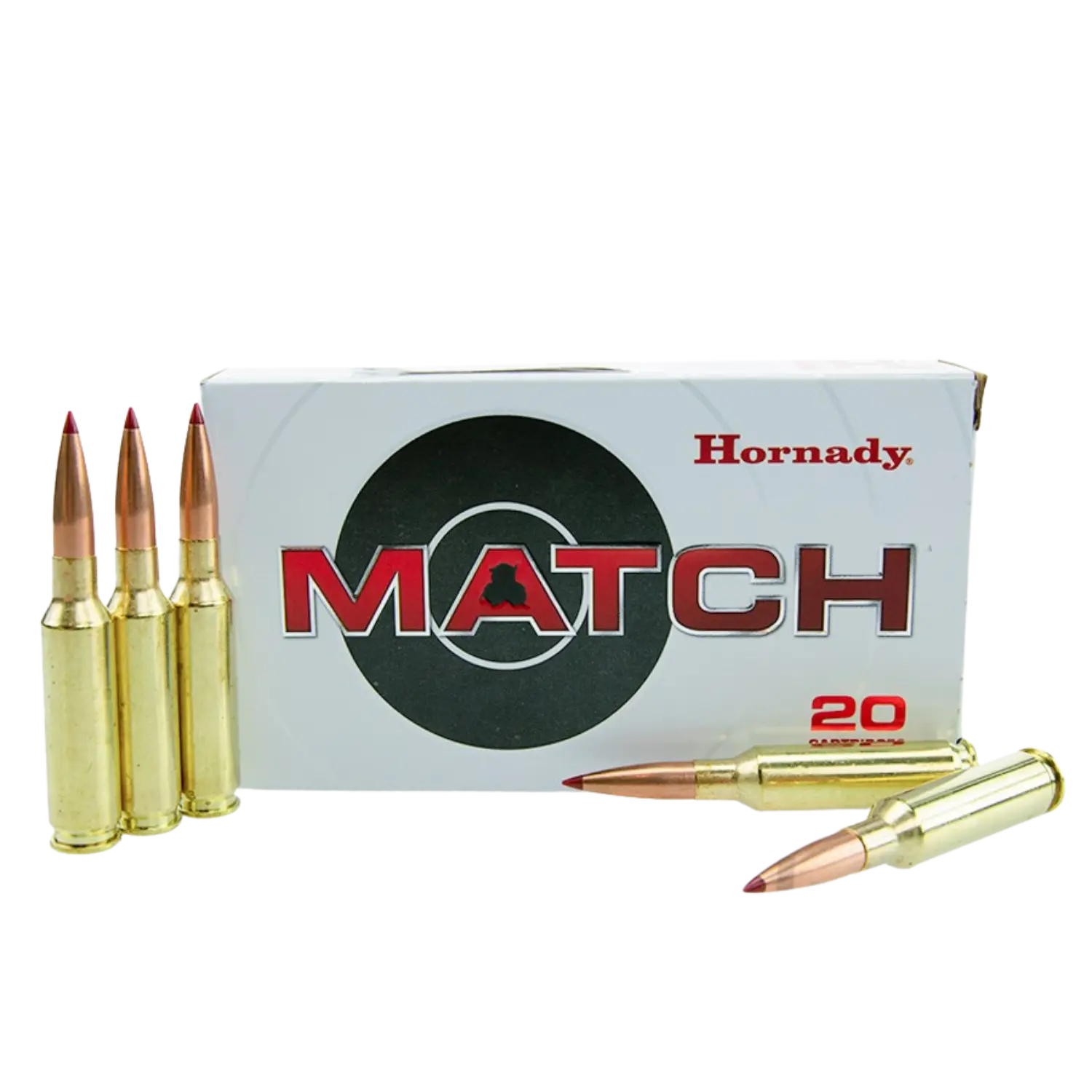 Eine Packung Hornady MATCH mit 20 Schuss 6,5 Creedmoor 120gr. Drei Patronen liegen vor der Packung, die Patronen sind aus Messing mit roten Spitzen.