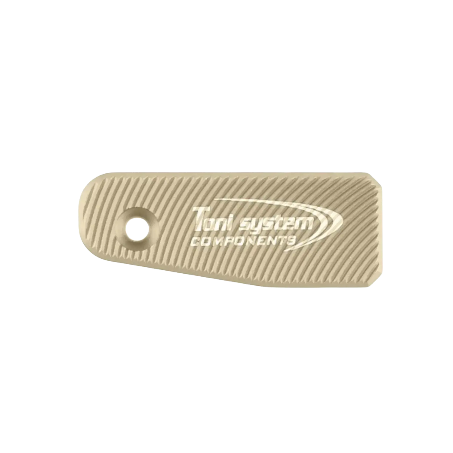 Toni System Verschlussfang Knopf für Beretta 1301 Competition Beiges Kunststoffteil mit diagonalen Rillen, Loch an einem Ende und weißem Schriftzug 'TOMI system COMPONENTS'