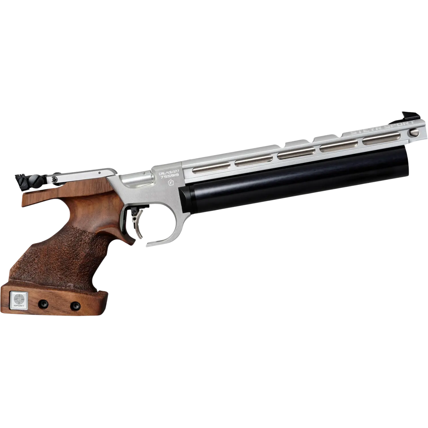 Steyr Luftdruck Luftpistole mit silbernem Metallrahmen, schwarzem Lauf und ergonomischem Holzgriff mit verstellbarer Daumenauflage