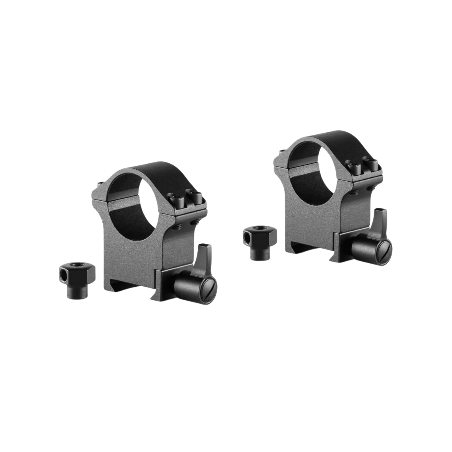 Zwei schwarze Ringmontagen aus Präzisionsstahl, mit Halterungen und Schrauben, für Zielfernrohre.