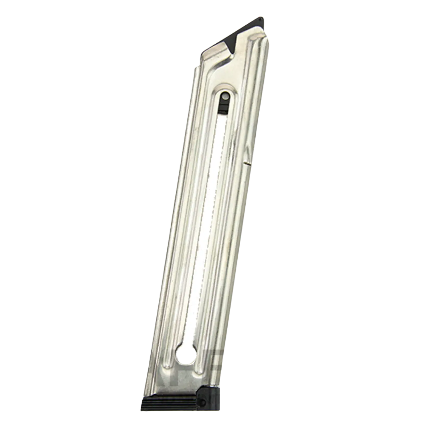 Ruger 10-Schuss Magazin, silberfarben, länglich, mit transparentem Gehäuse und schwarzem Boden.