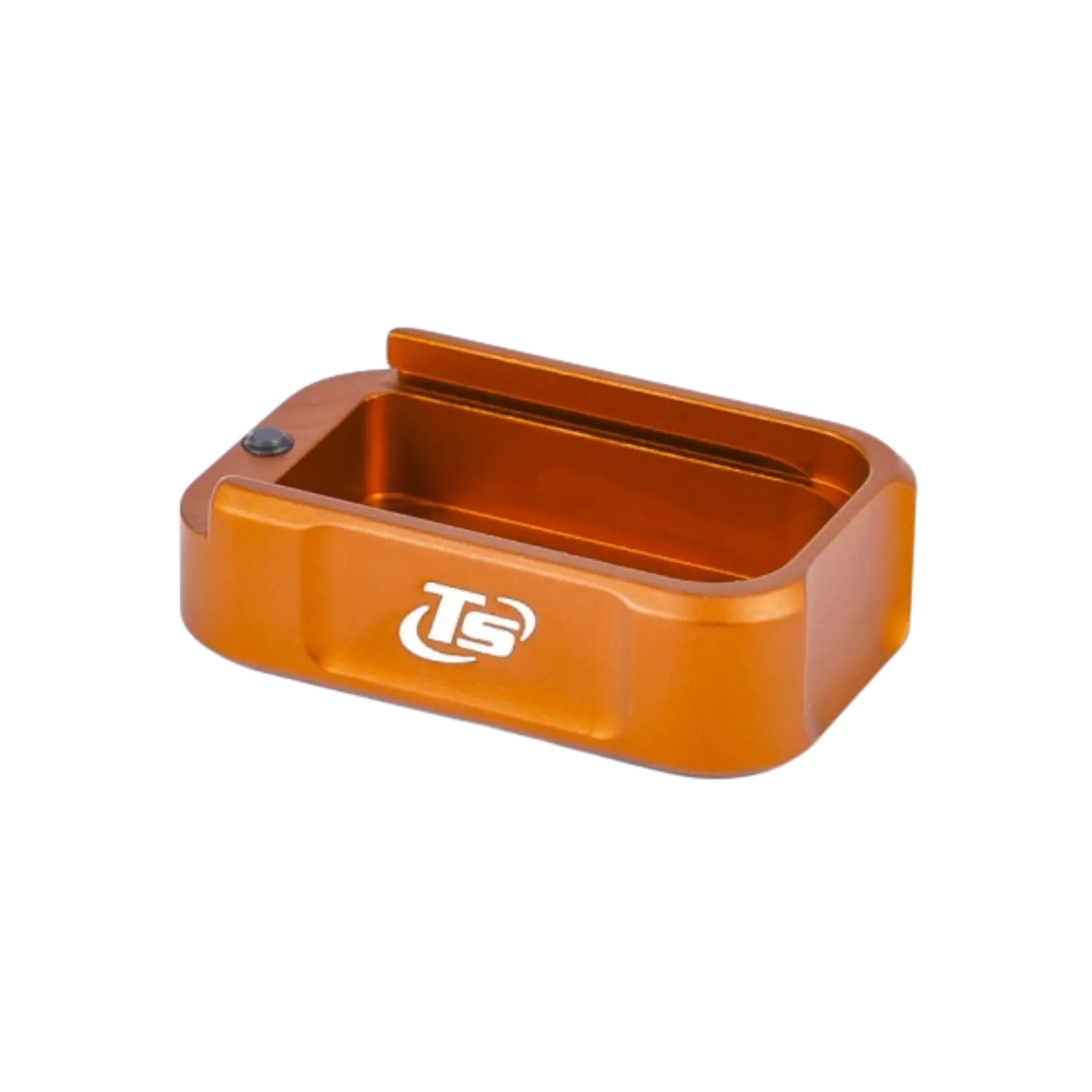 Orange Magazinboden mit abgerundeten Ecken und weißem TS-Logo, passend für Tanfoglio Small Frame.