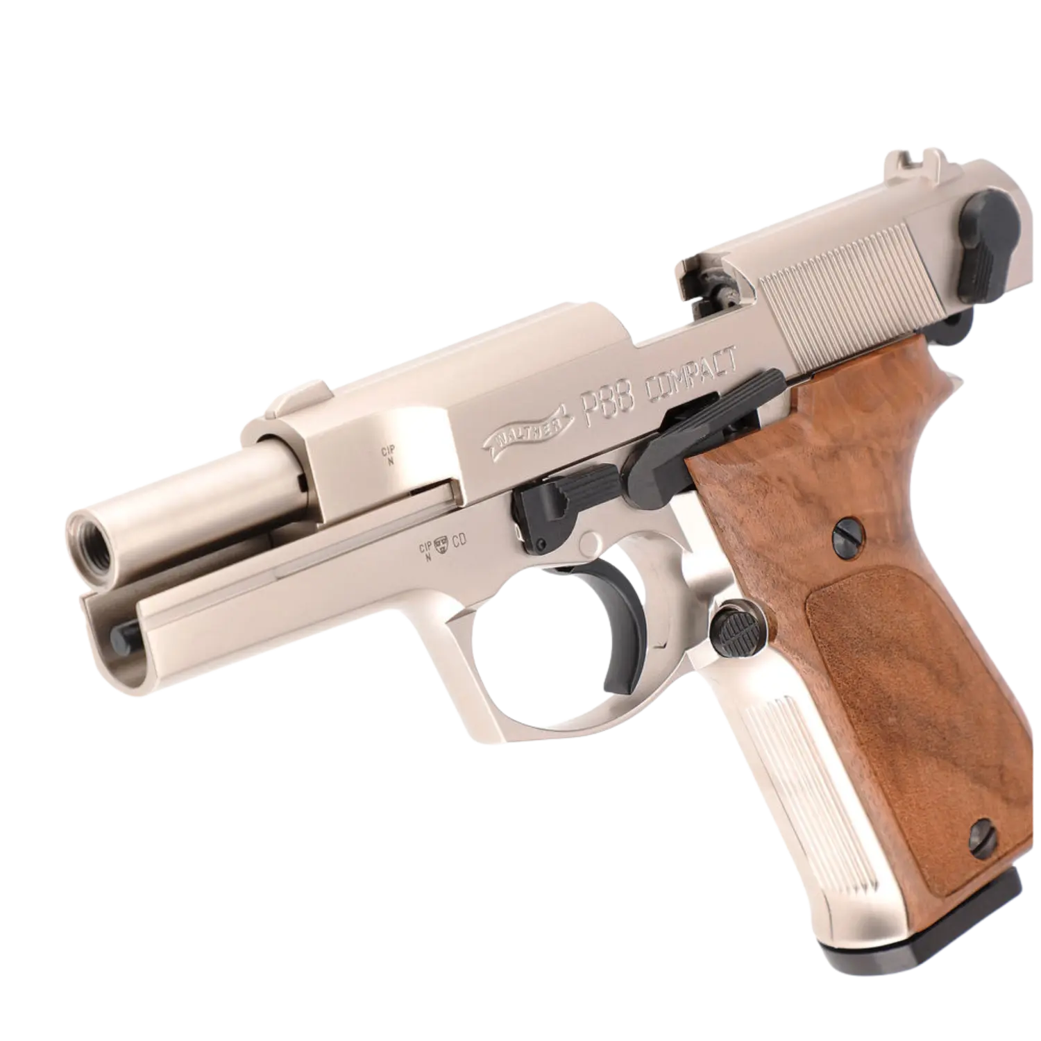 Walther Schreckschusswaffe P88 in nickel mit Holzgriff, detailreiche Ansicht der Kompakt-Pistole.
